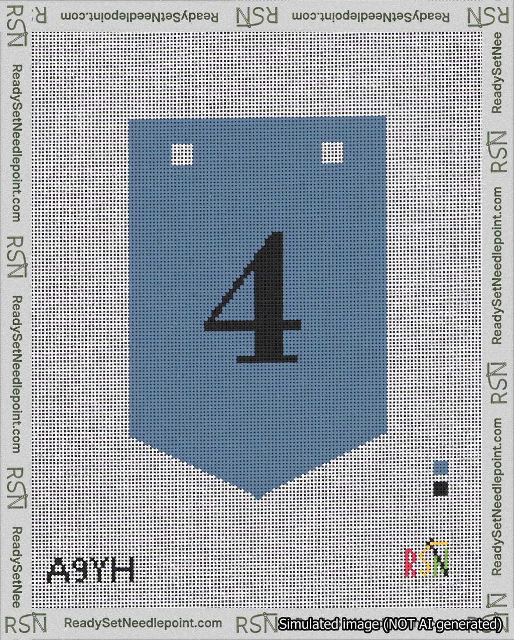 A taped needlepoint canvas with the design: Banner 18 mesh count Pointed 4 Black on Blue.