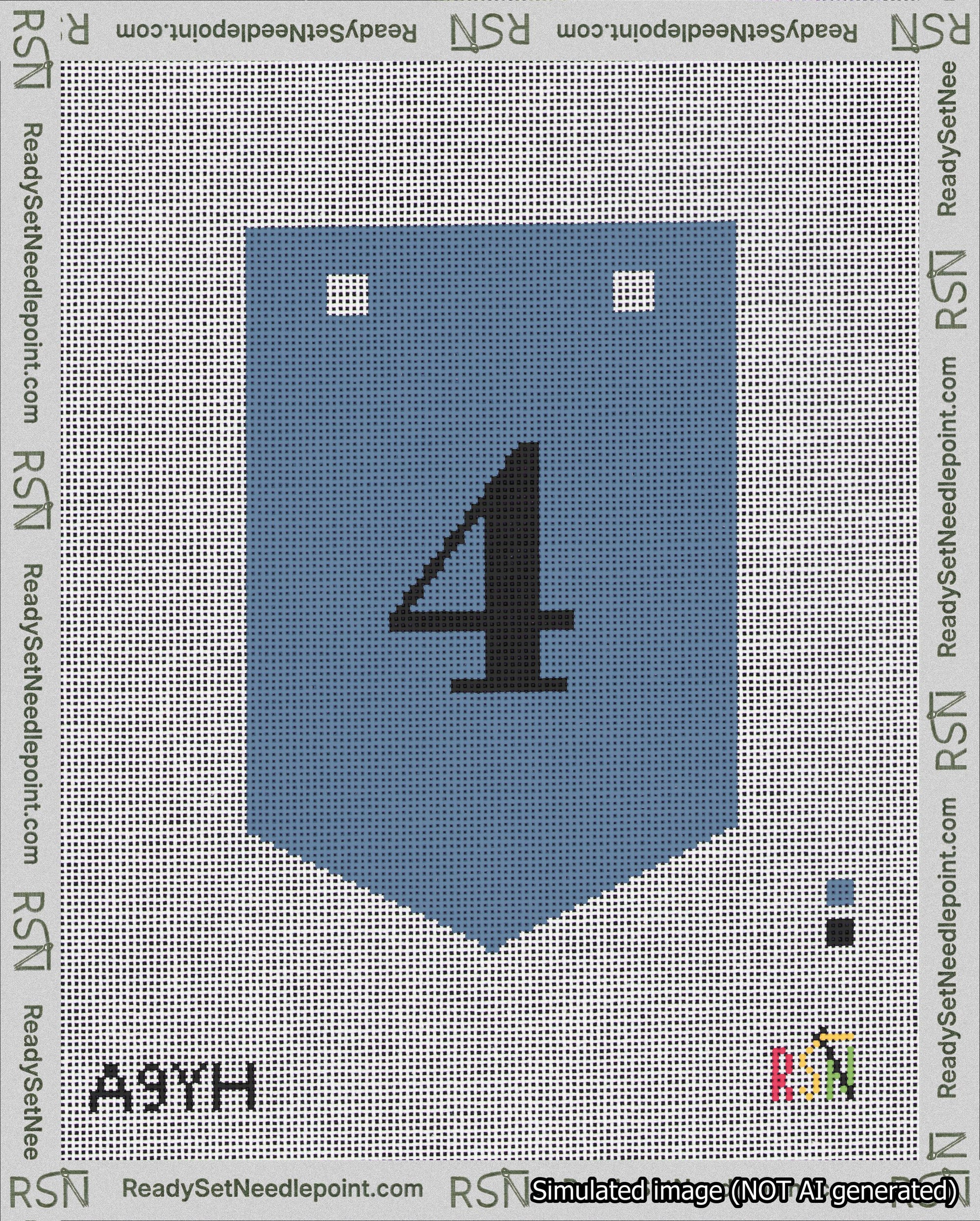 A taped needlepoint canvas with the design: Banner 18 mesh count Pointed 4 Black on Blue.