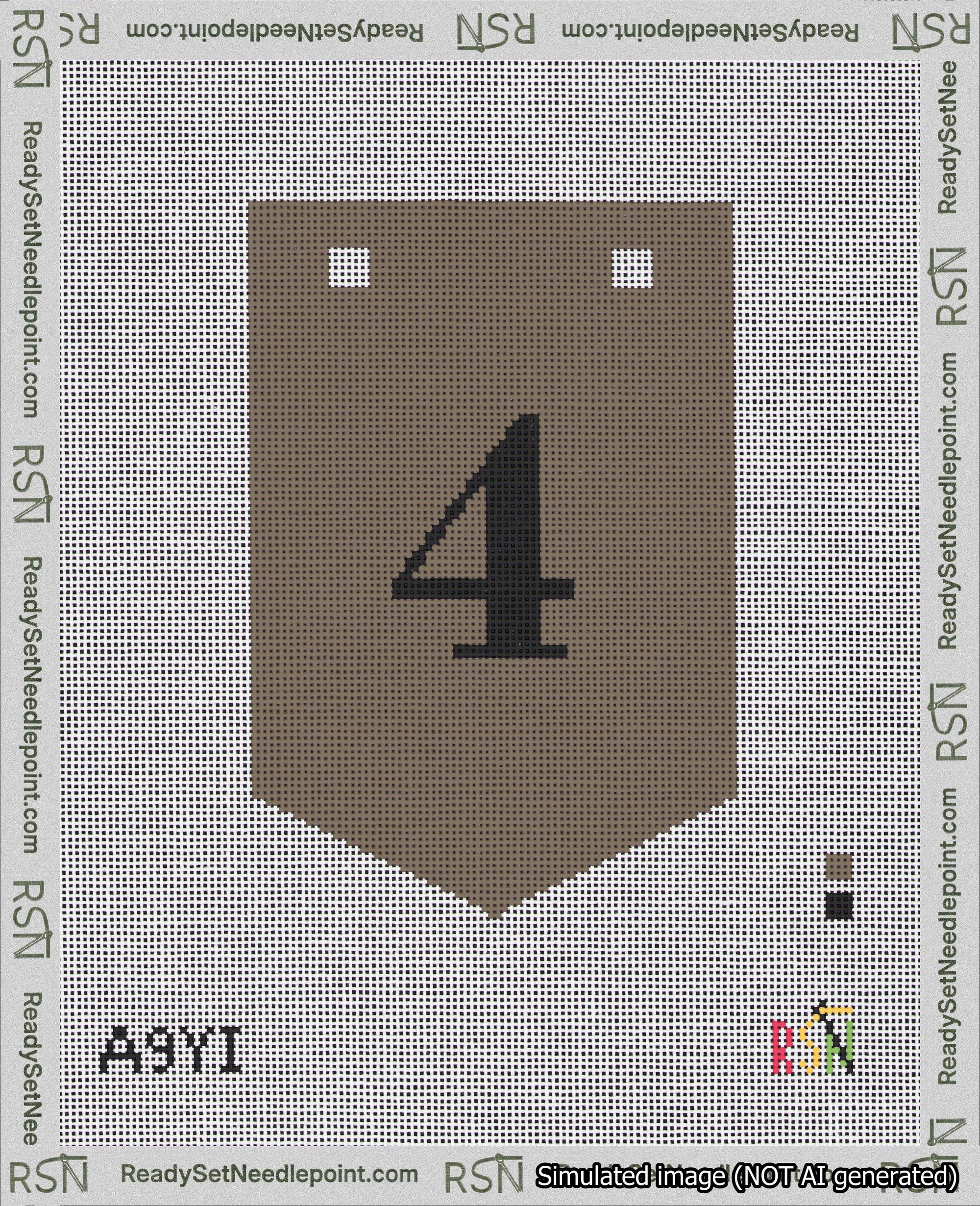 A taped needlepoint canvas with the design: Banner 18 mesh count Pointed 4 Black on Brown.