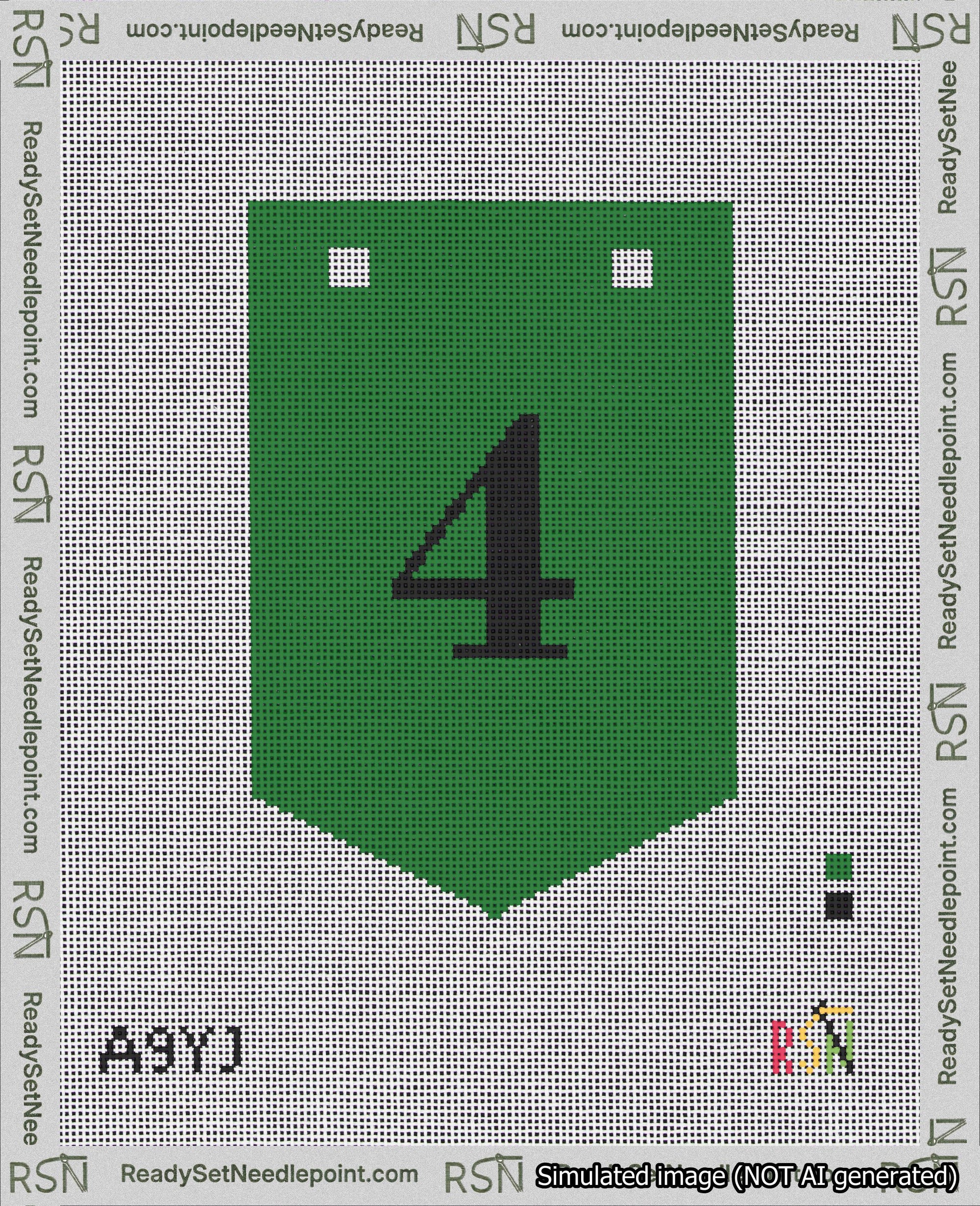 A taped needlepoint canvas with the design: Banner 18 mesh count Pointed 4 Black on Green.