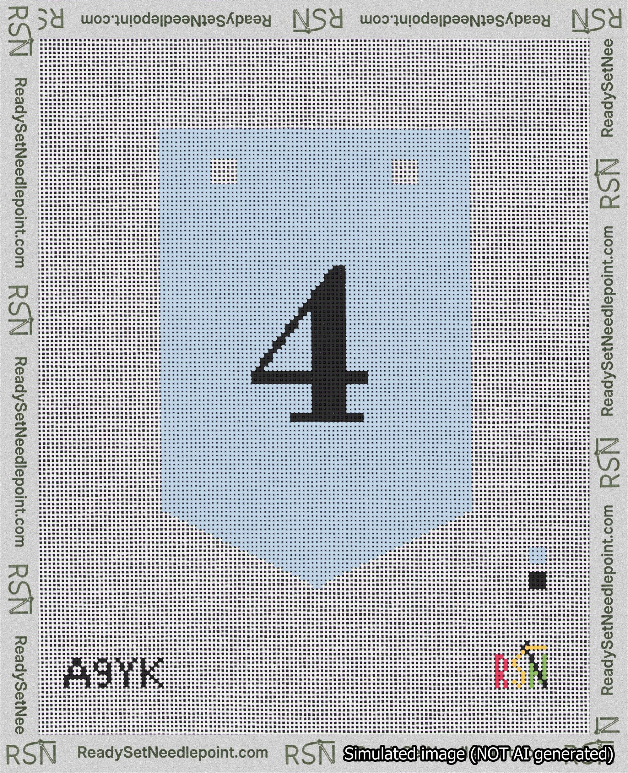 A taped needlepoint canvas with the design: Banner 18 mesh count Pointed 4 Black on Light Blue.