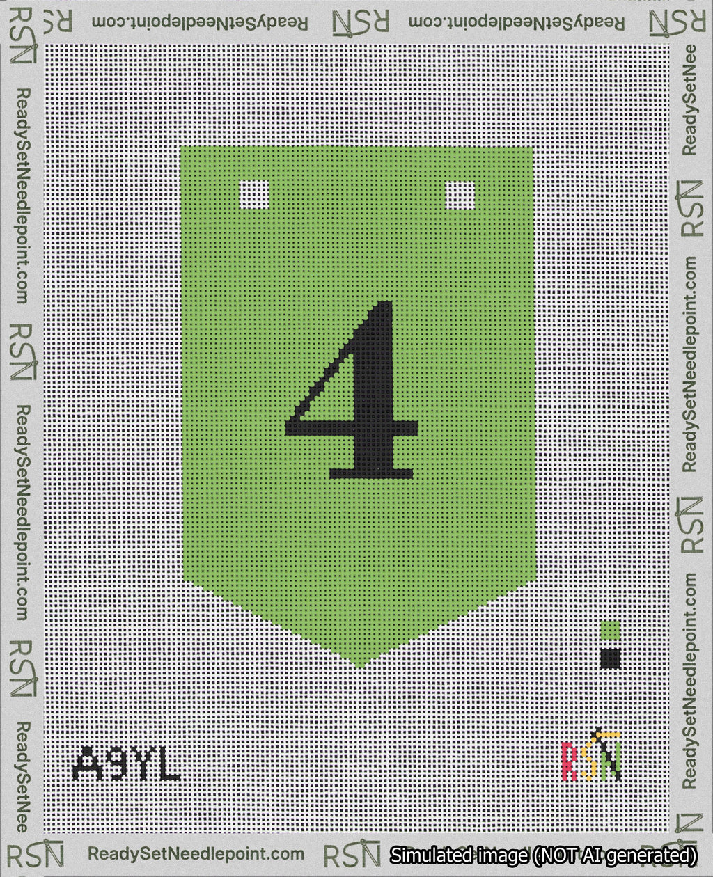 A taped needlepoint canvas with the design: Banner 18 mesh count Pointed 4 Black on Light Green.