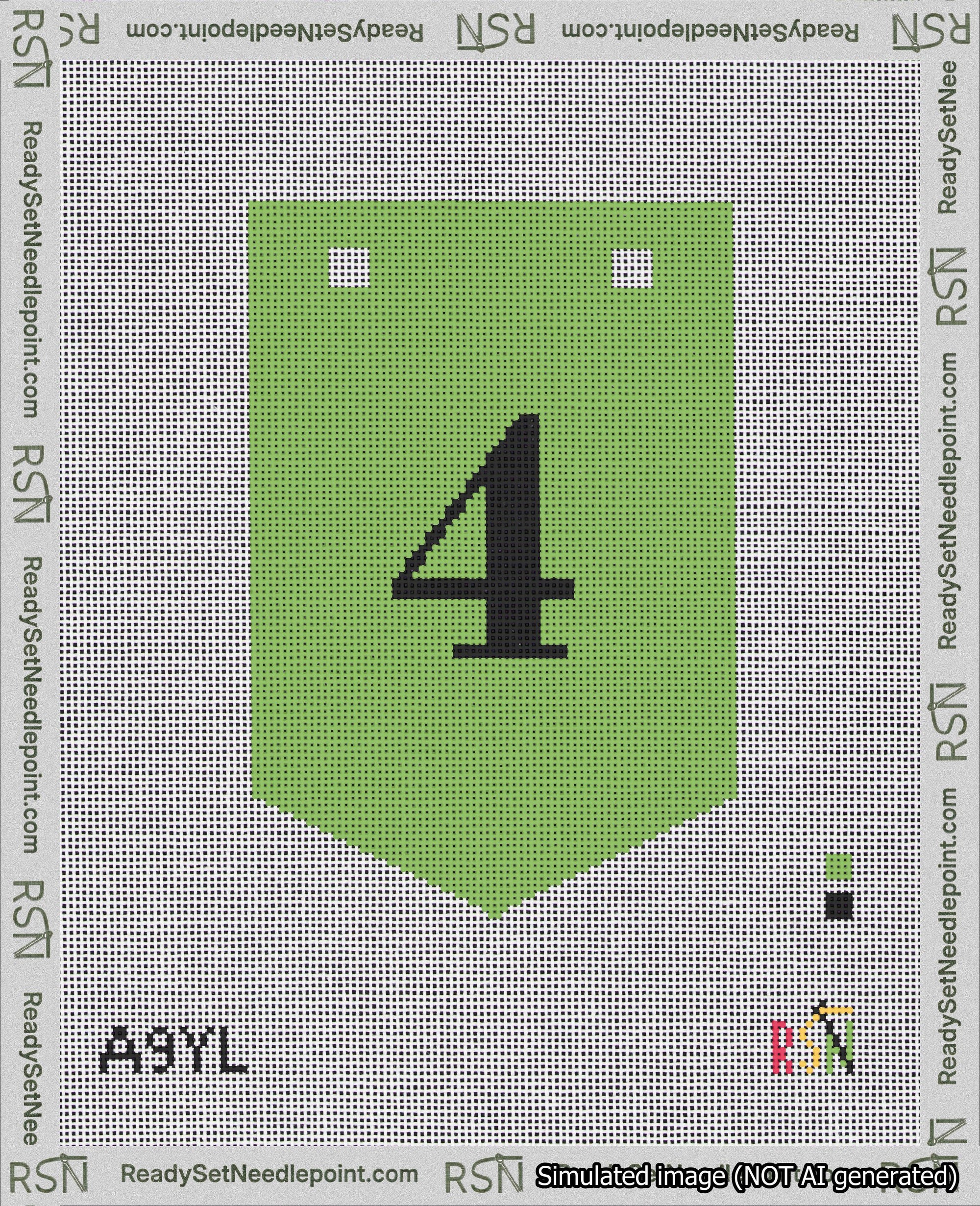 A taped needlepoint canvas with the design: Banner 18 mesh count Pointed 4 Black on Light Green.