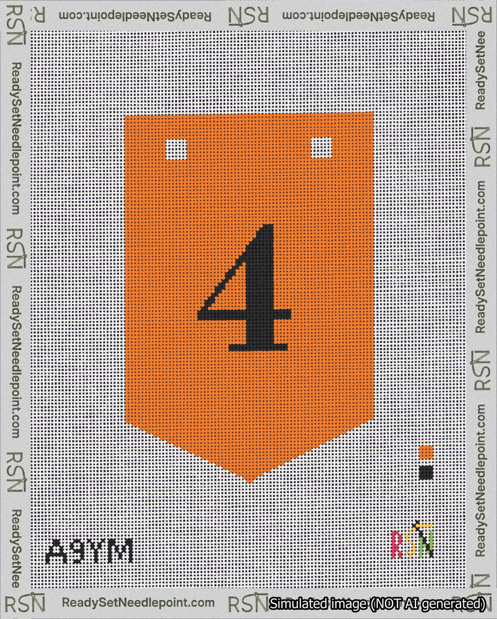 A taped needlepoint canvas with the design: Banner 18 mesh count Pointed 4 Black on Orange.