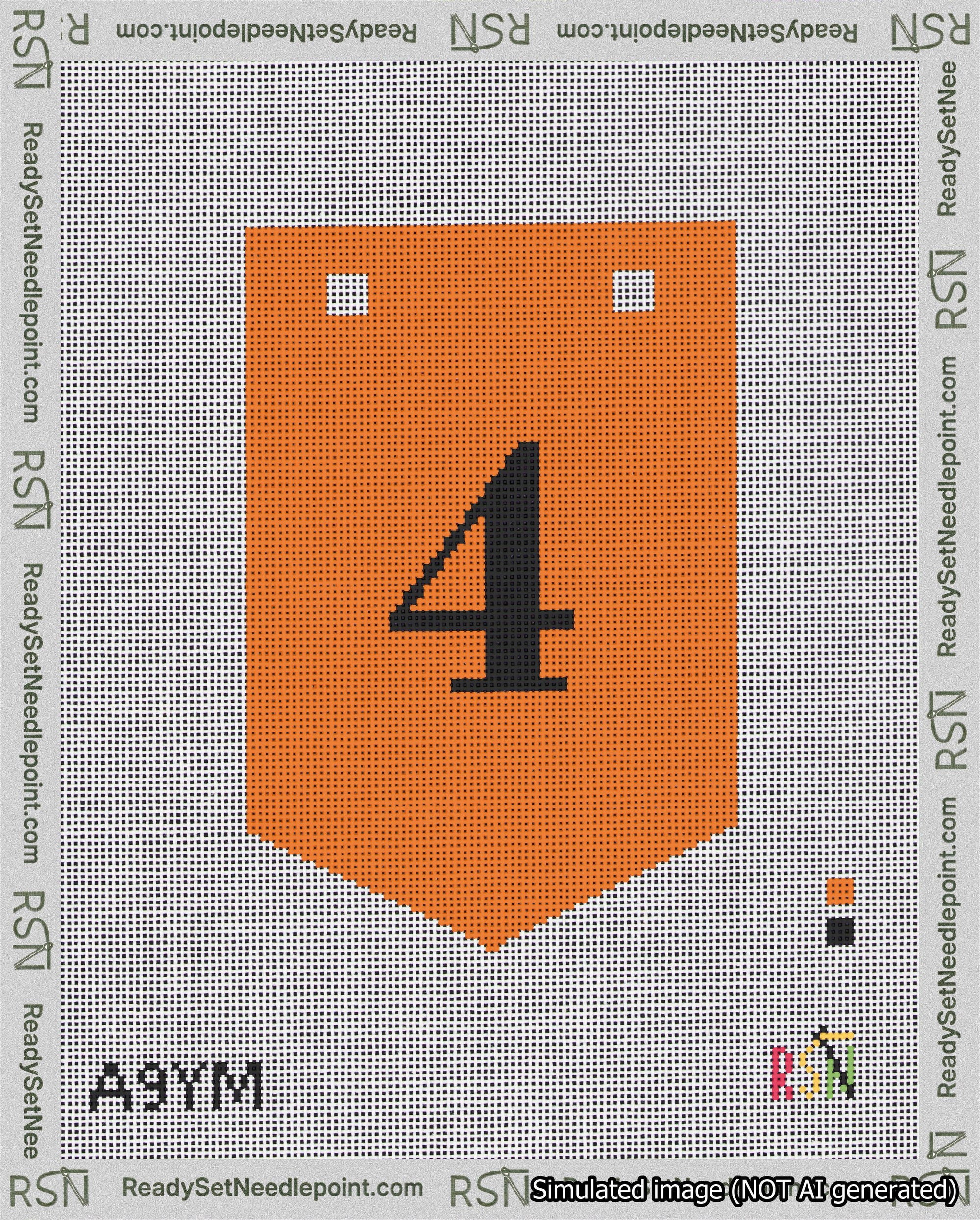 A taped needlepoint canvas with the design: Banner 18 mesh count Pointed 4 Black on Orange.