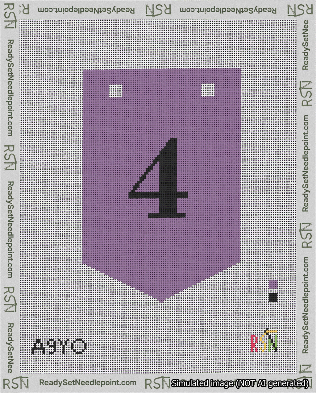 A taped needlepoint canvas with the design: Banner 18 mesh count Pointed 4 Black on Purple.
