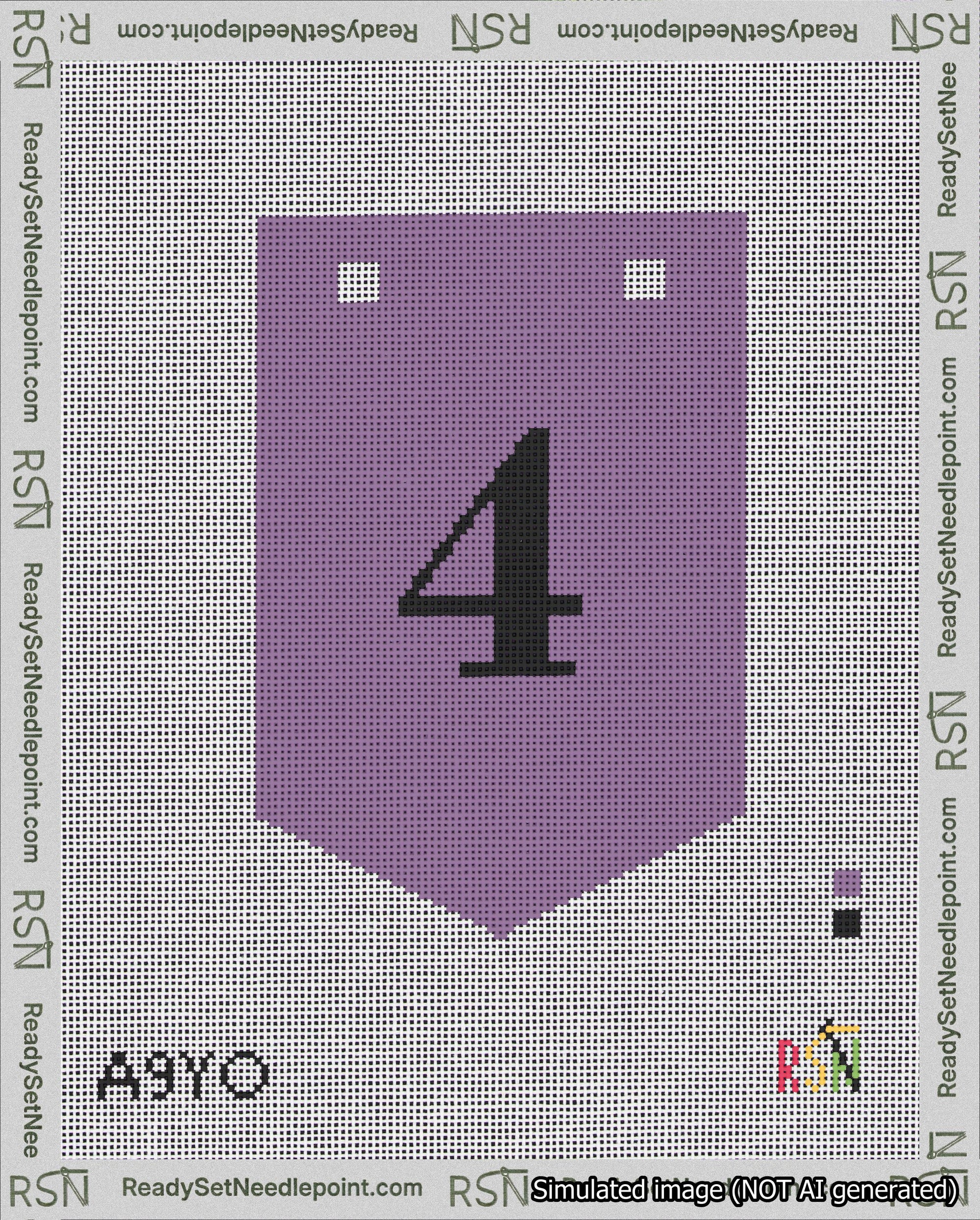 A taped needlepoint canvas with the design: Banner 18 mesh count Pointed 4 Black on Purple.