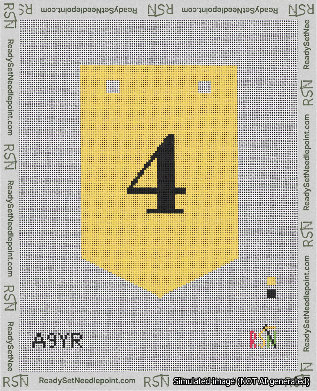 A taped needlepoint canvas with the design: Banner 18 mesh count Pointed 4 Black on Yellow.