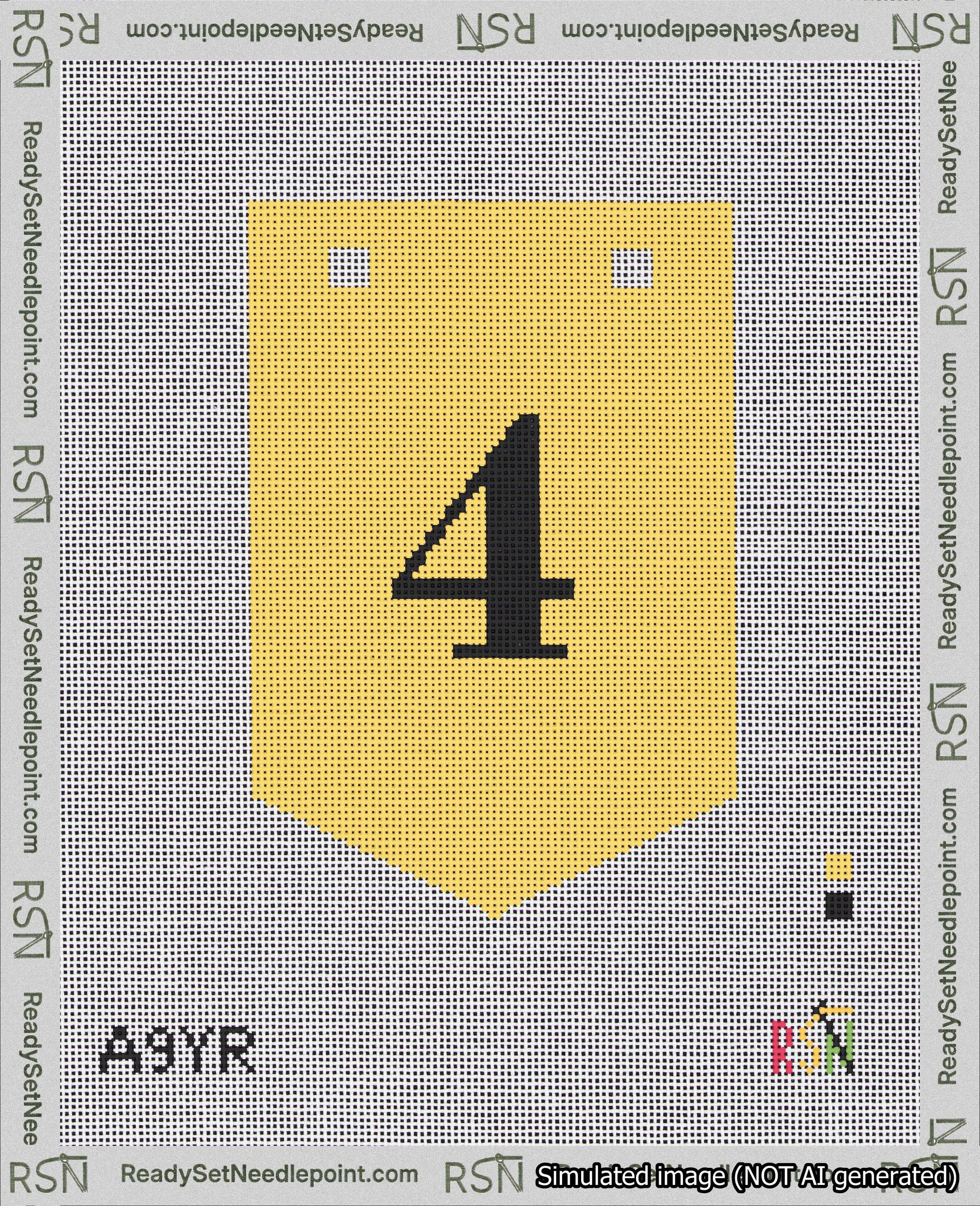 A taped needlepoint canvas with the design: Banner 18 mesh count Pointed 4 Black on Yellow.