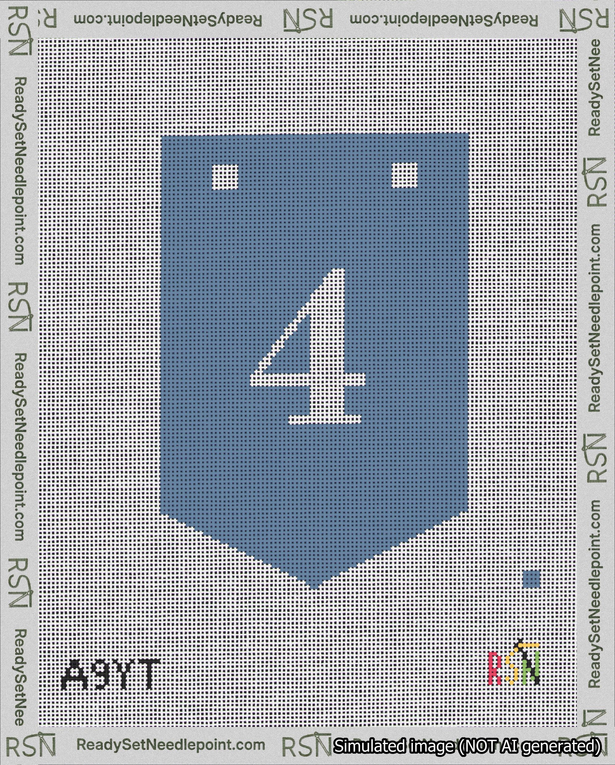 A taped needlepoint canvas with the design: Banner 18 mesh count Pointed 4 White on Blue.