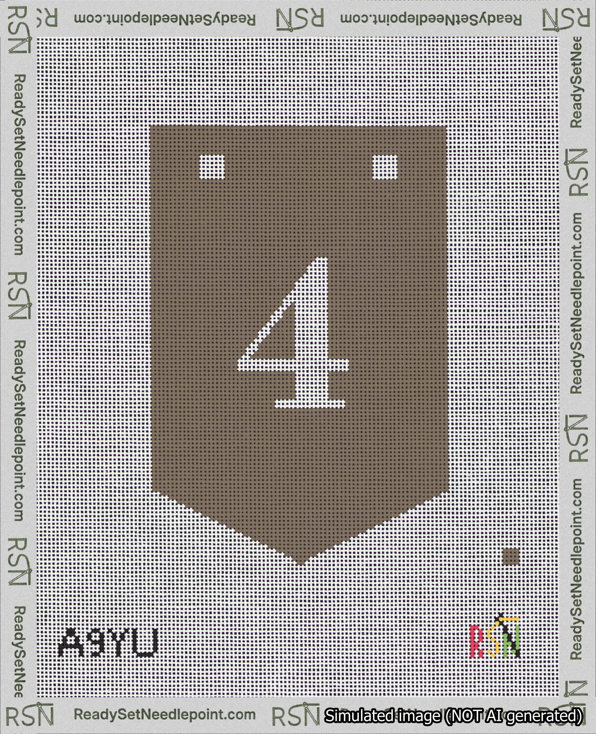 A taped needlepoint canvas with the design: Banner 18 mesh count Pointed 4 White on Brown.