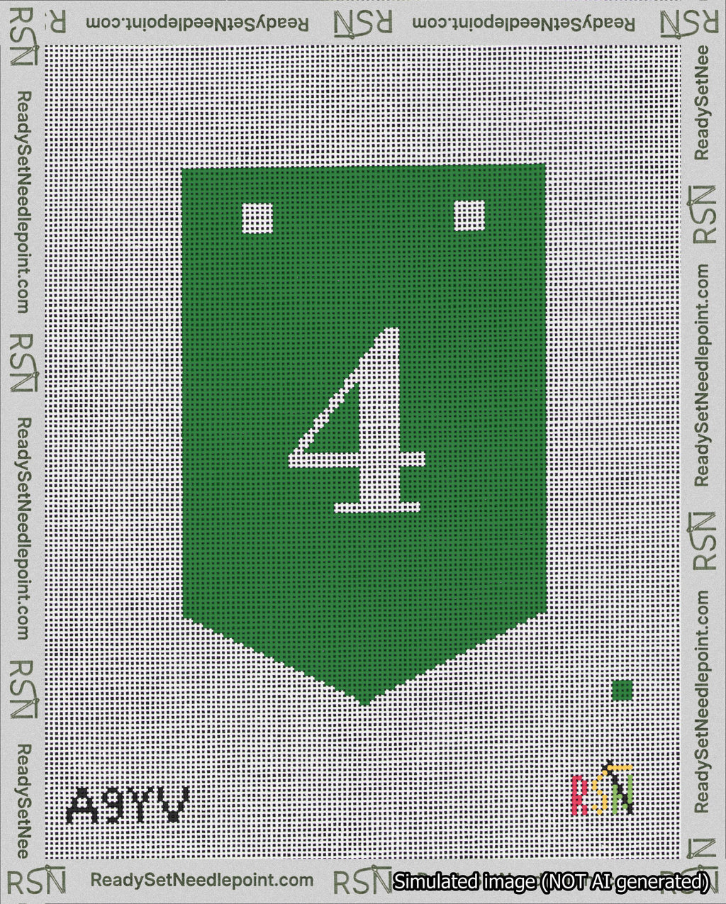 A taped needlepoint canvas with the design: Banner 18 mesh count Pointed 4 White on Green.