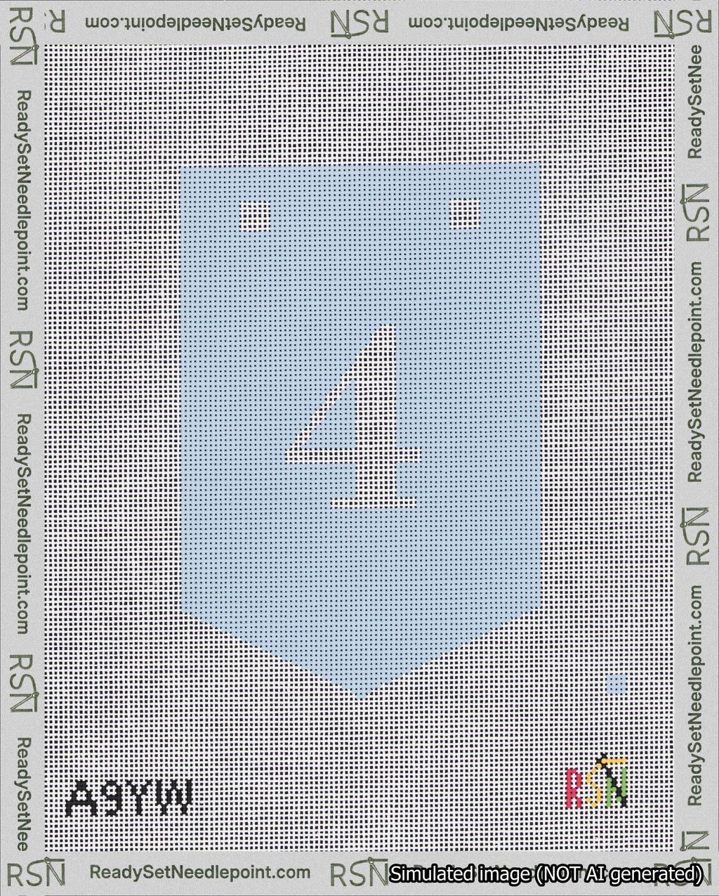 A taped needlepoint canvas with the design: Banner 18 mesh count Pointed 4 White on Light Blue.