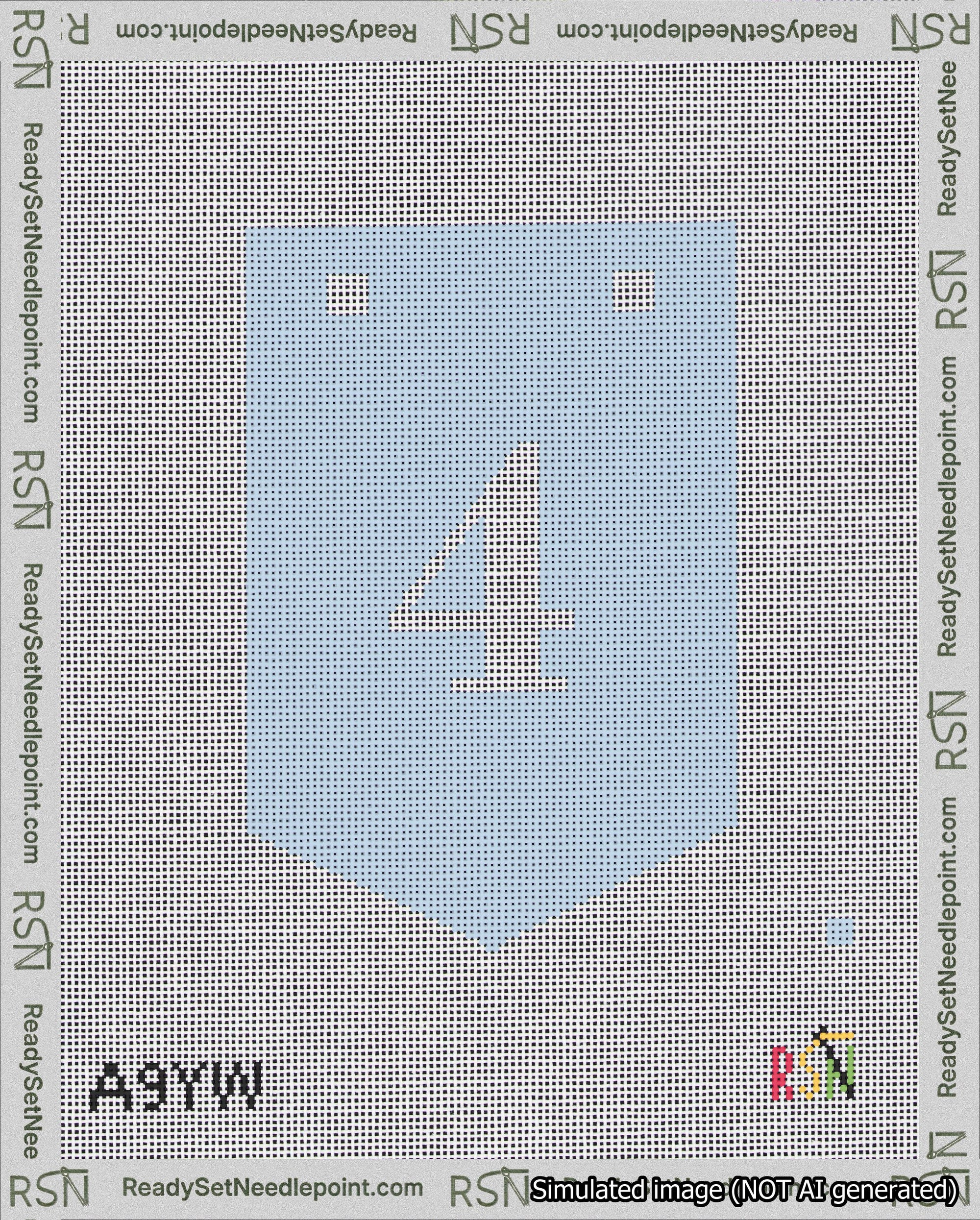 A taped needlepoint canvas with the design: Banner 18 mesh count Pointed 4 White on Light Blue.