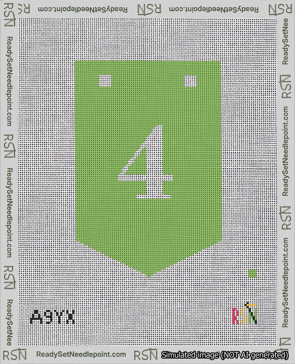A taped needlepoint canvas with the design: Banner 18 mesh count Pointed 4 White on Light Green.