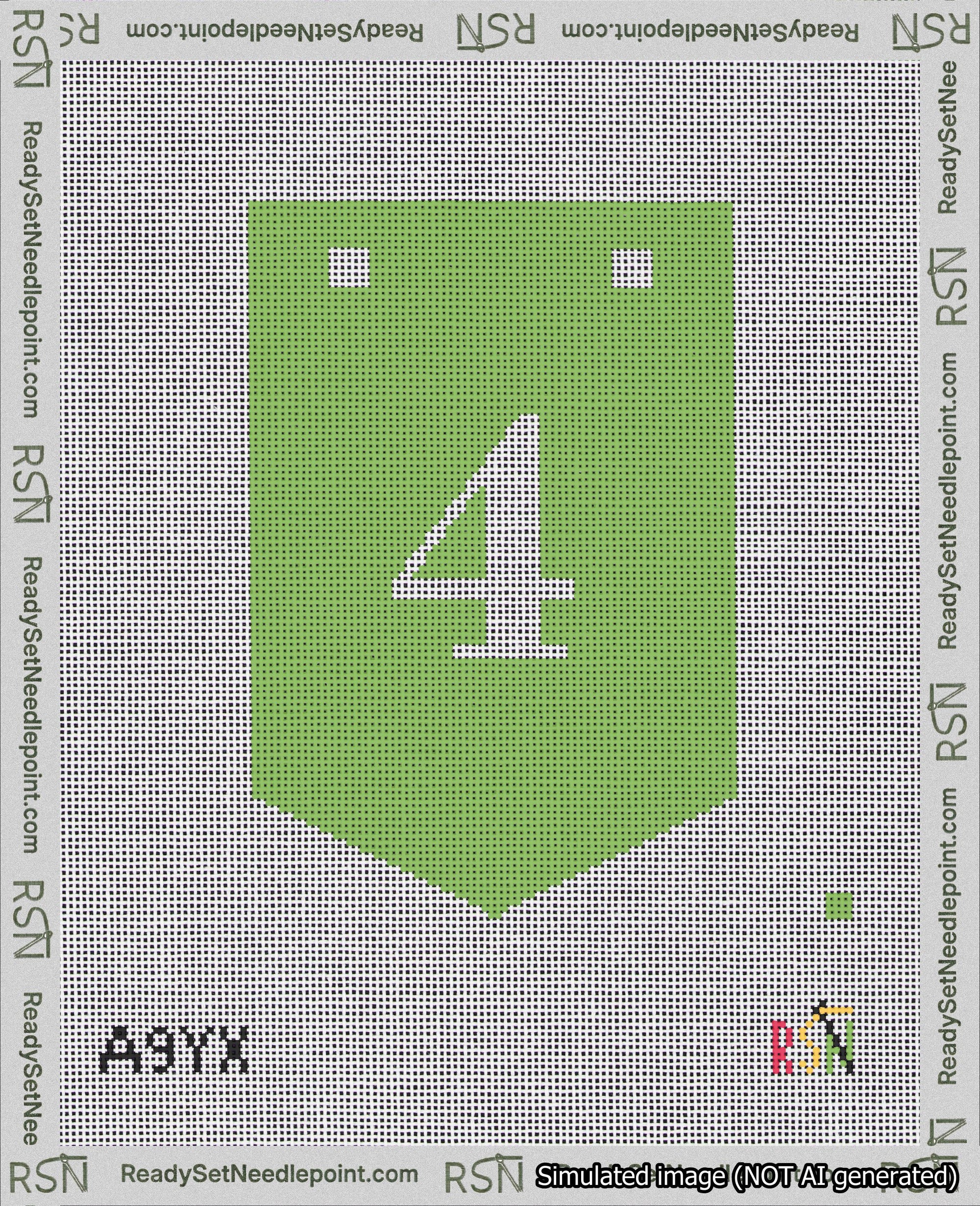 A taped needlepoint canvas with the design: Banner 18 mesh count Pointed 4 White on Light Green.