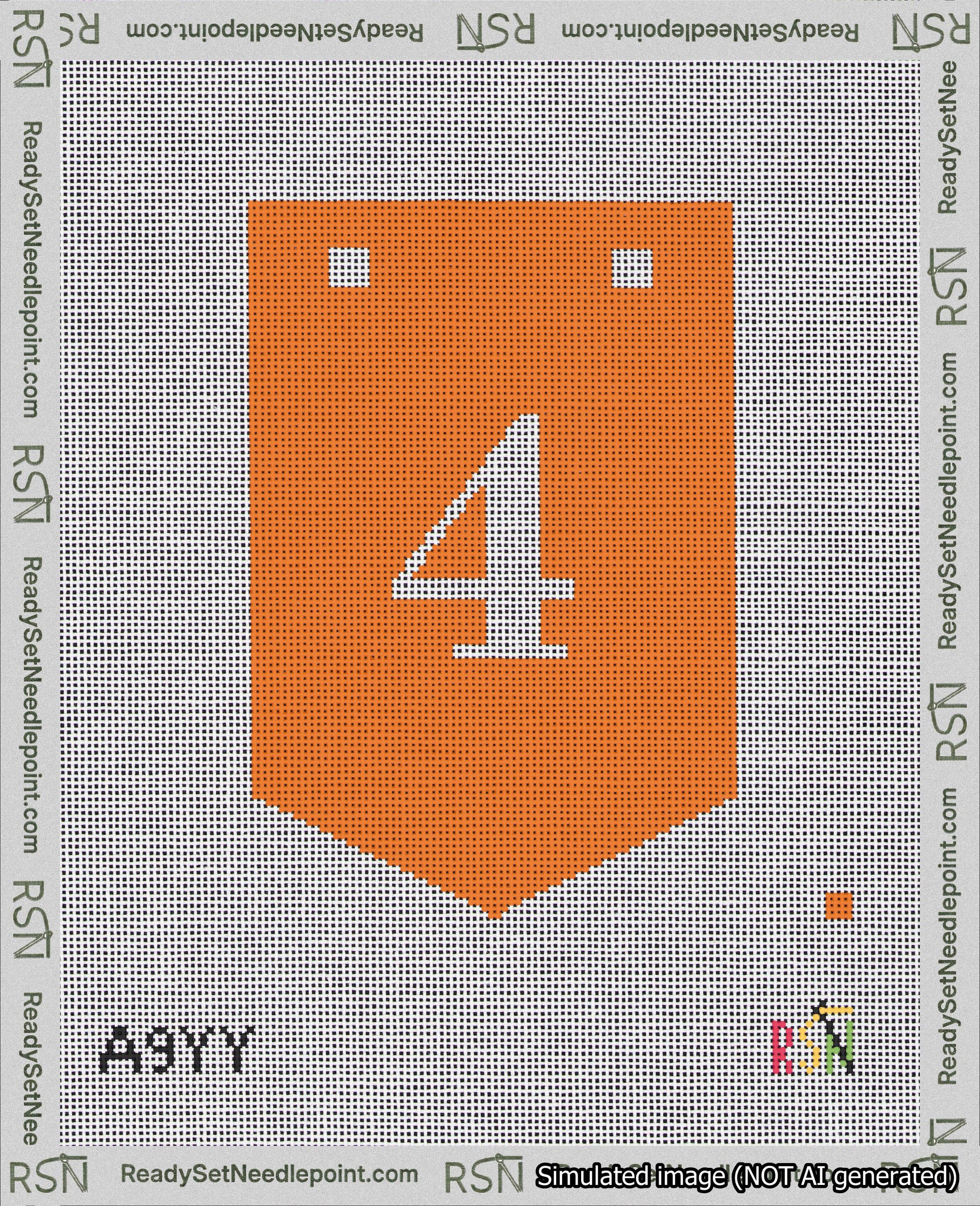 A taped needlepoint canvas with the design: Banner 18 mesh count Pointed 4 White on Orange.
