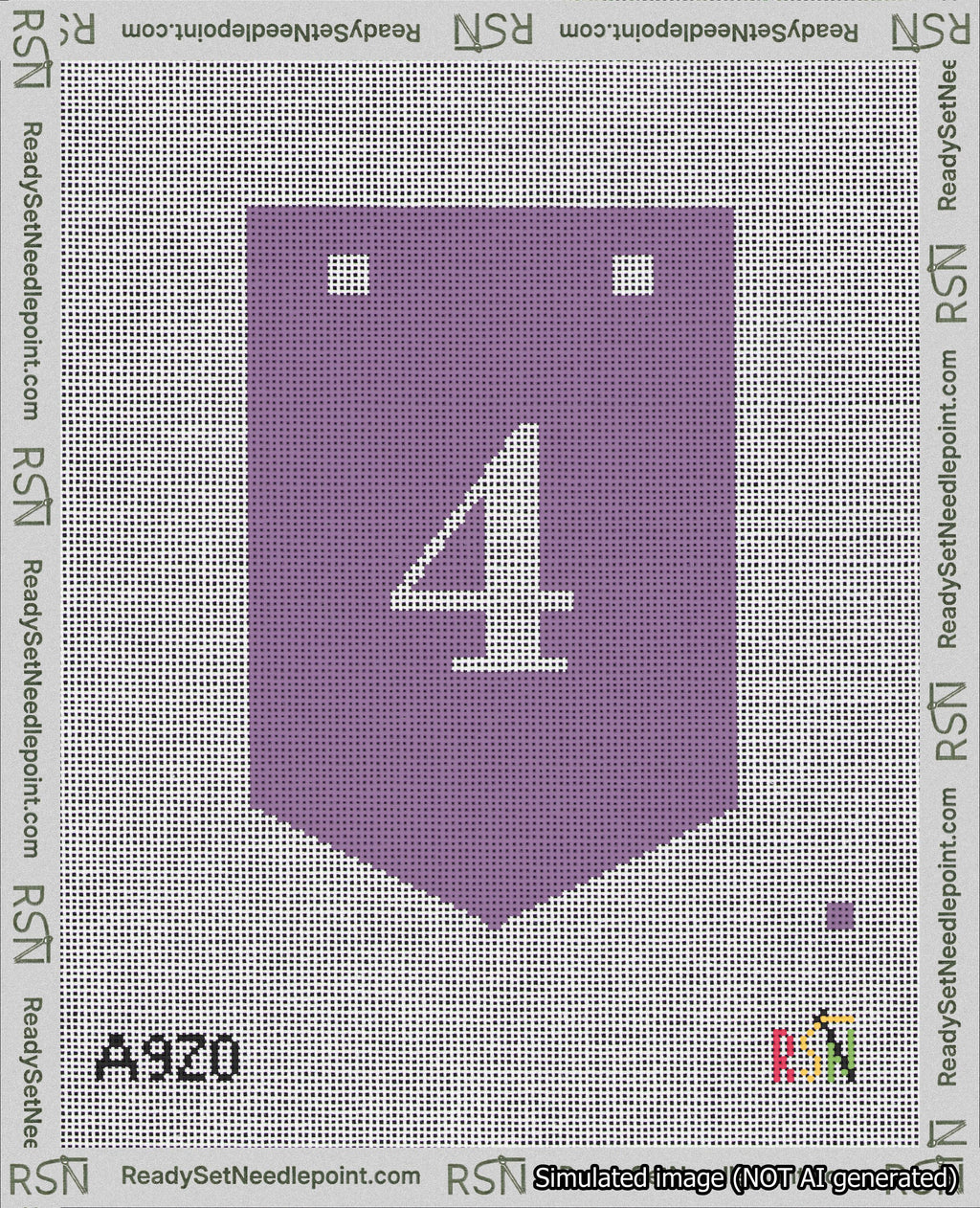 A taped needlepoint canvas with the design: Banner 18 mesh count Pointed 4 White on Purple.
