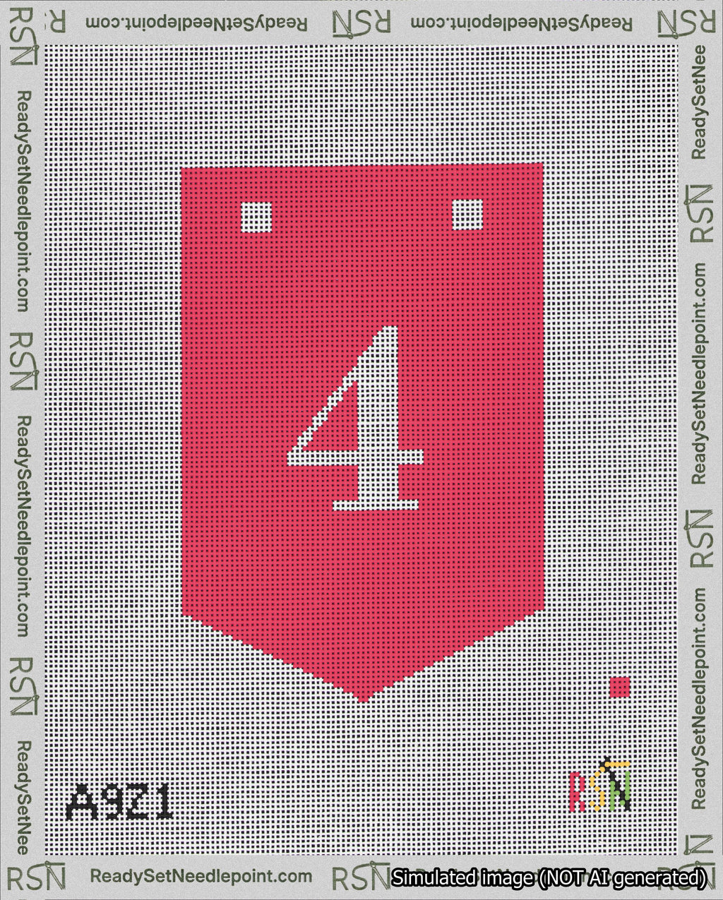 A taped needlepoint canvas with the design: Banner 18 mesh count Pointed 4 White on Red.