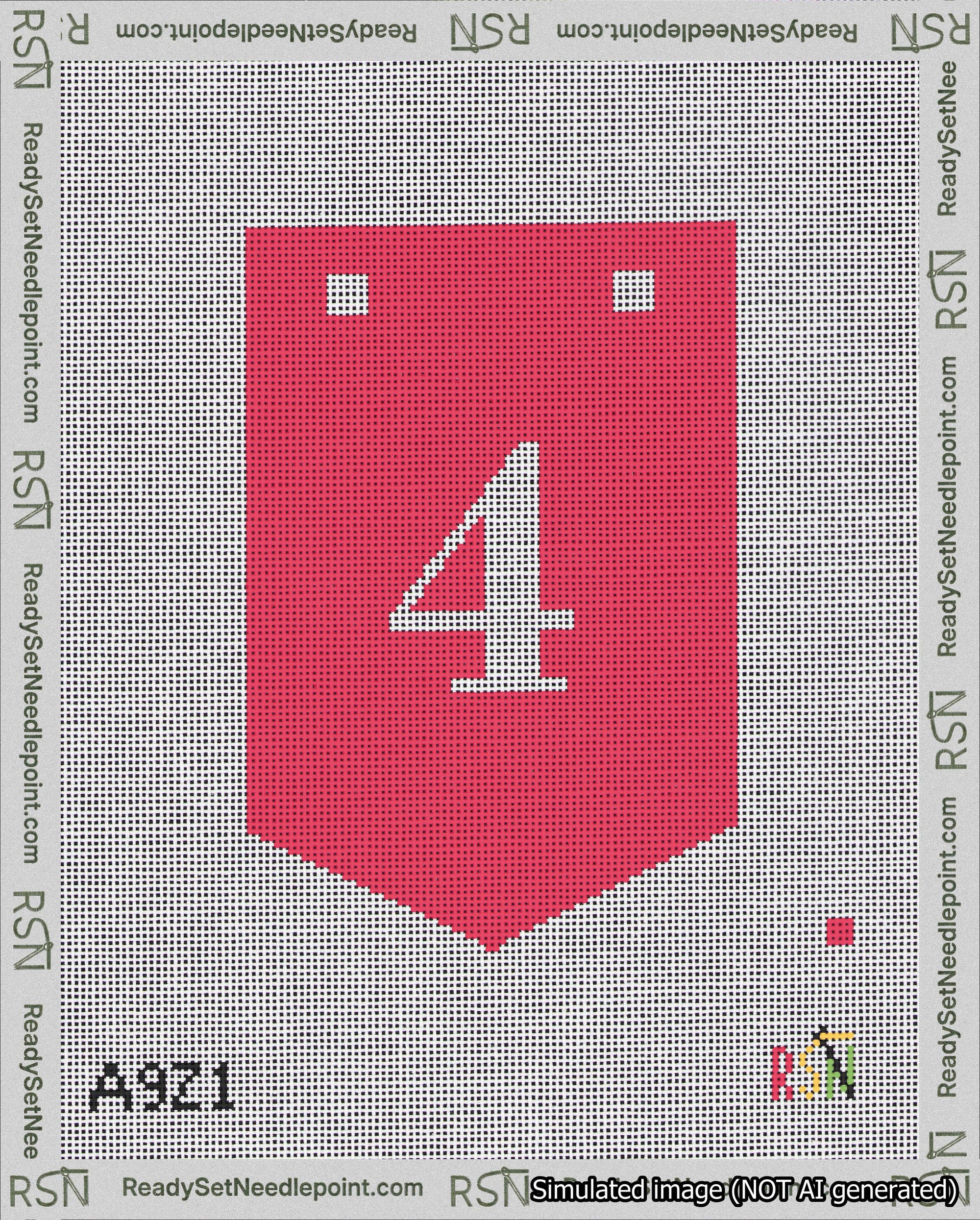 A taped needlepoint canvas with the design: Banner 18 mesh count Pointed 4 White on Red.