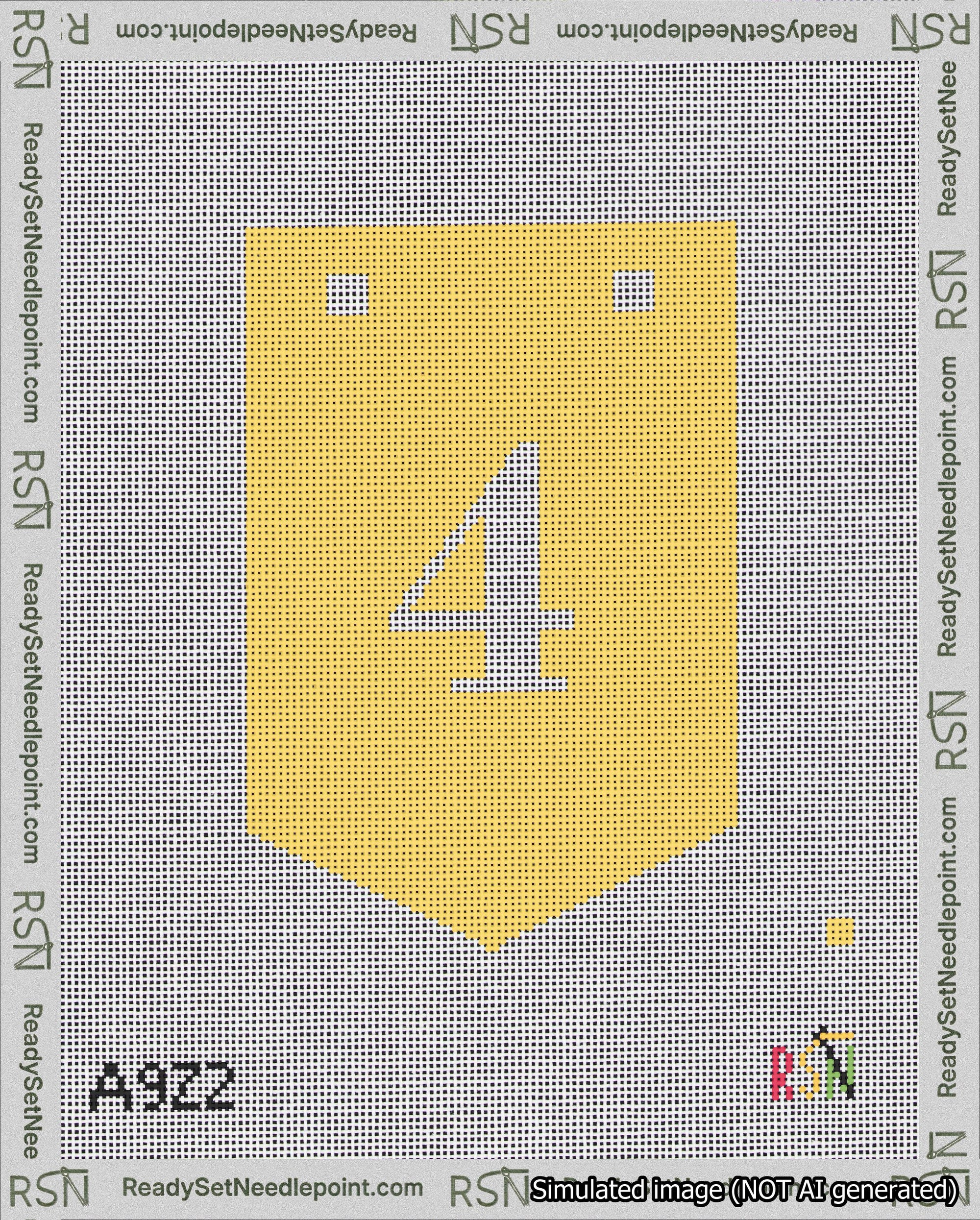 A taped needlepoint canvas with the design: Banner 18 mesh count Pointed 4 White on Yellow.