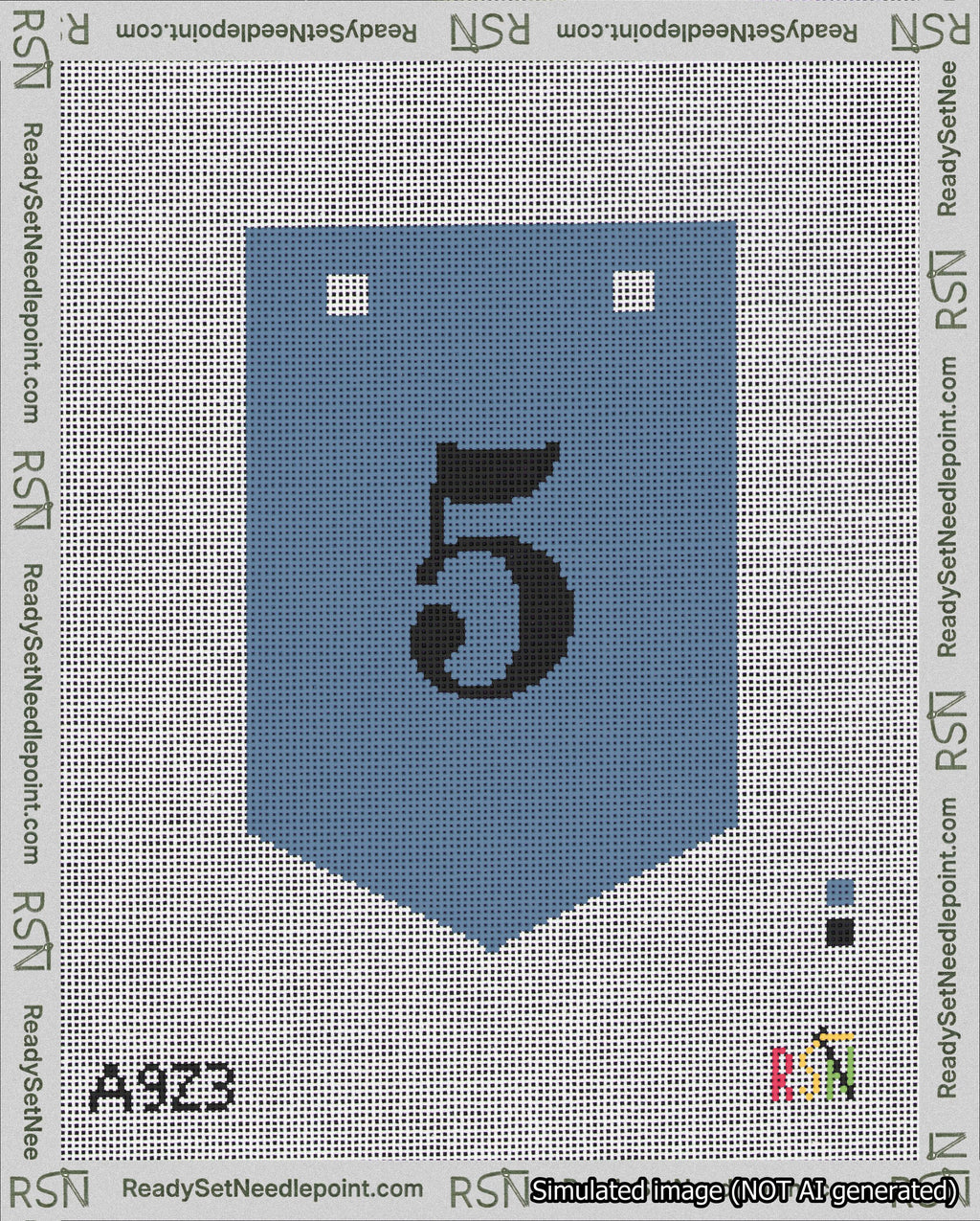 A taped needlepoint canvas with the design: Banner 18 mesh count Pointed 5 Black on Blue.