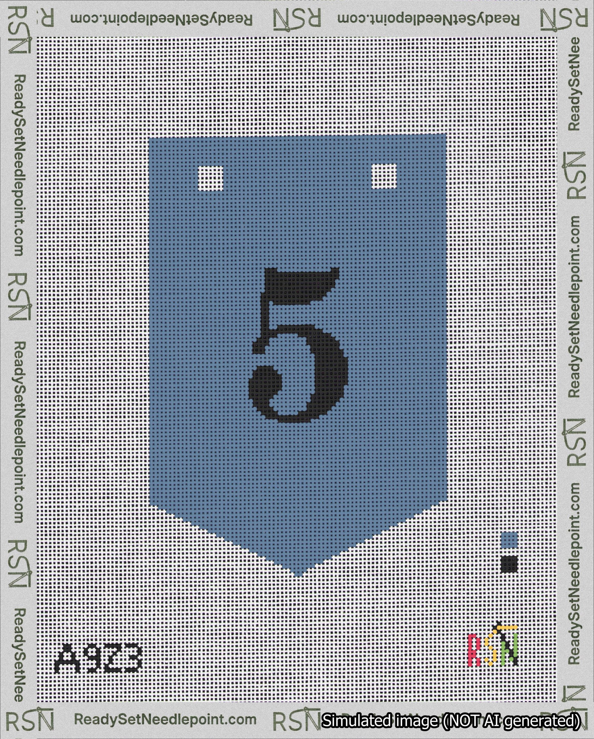 A taped needlepoint canvas with the design: Banner 18 mesh count Pointed 5 Black on Blue.