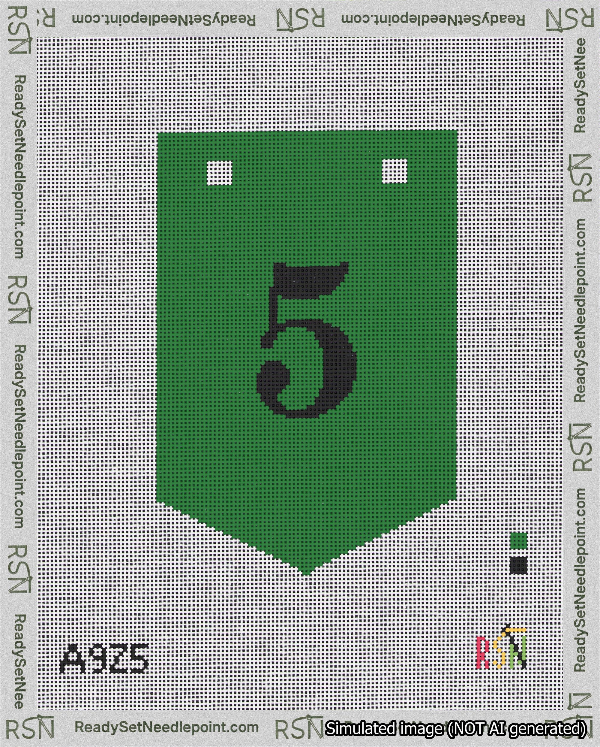 A taped needlepoint canvas with the design: Banner 18 mesh count Pointed 5 Black on Green.