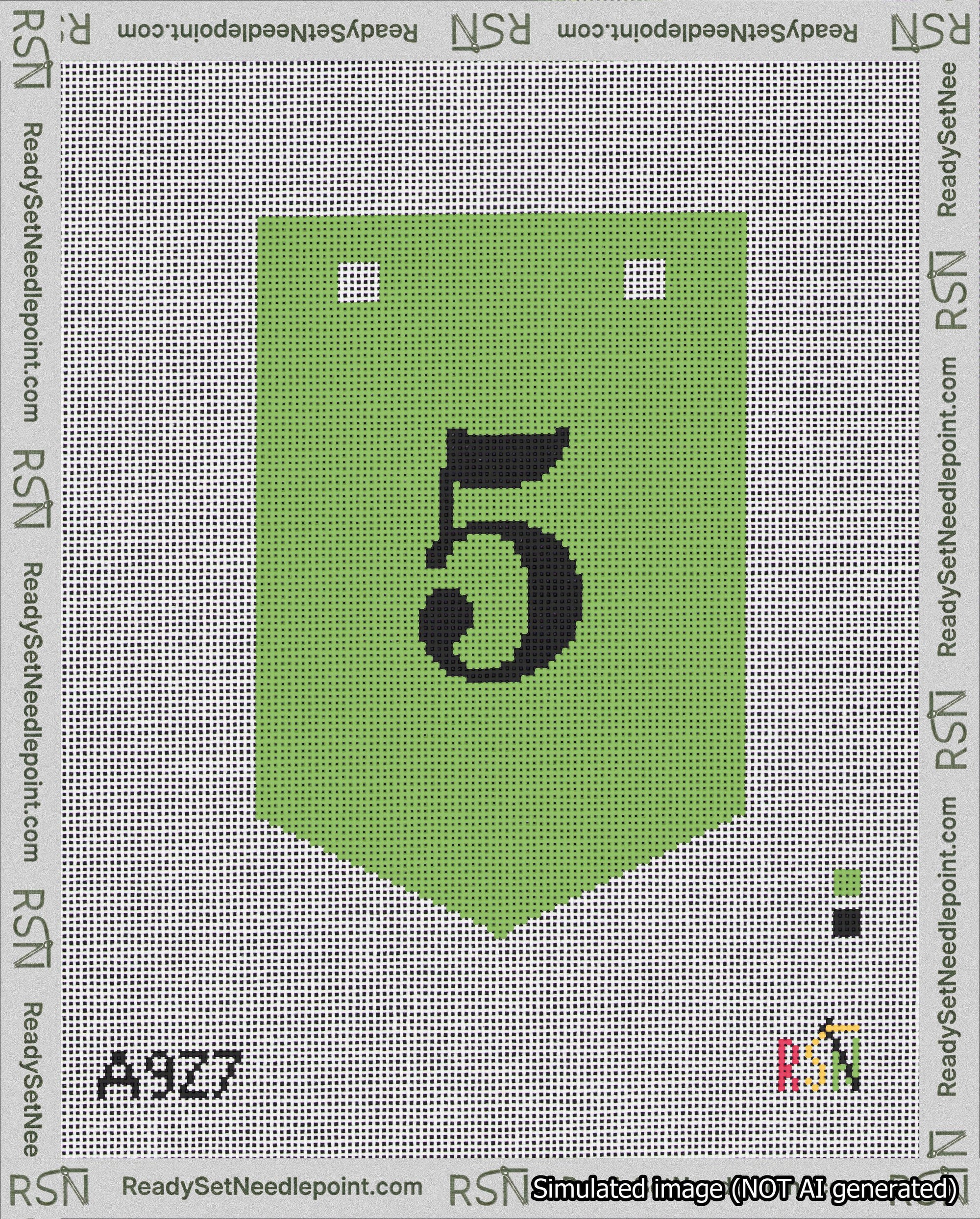 A taped needlepoint canvas with the design: Banner 18 mesh count Pointed 5 Black on Light Green.