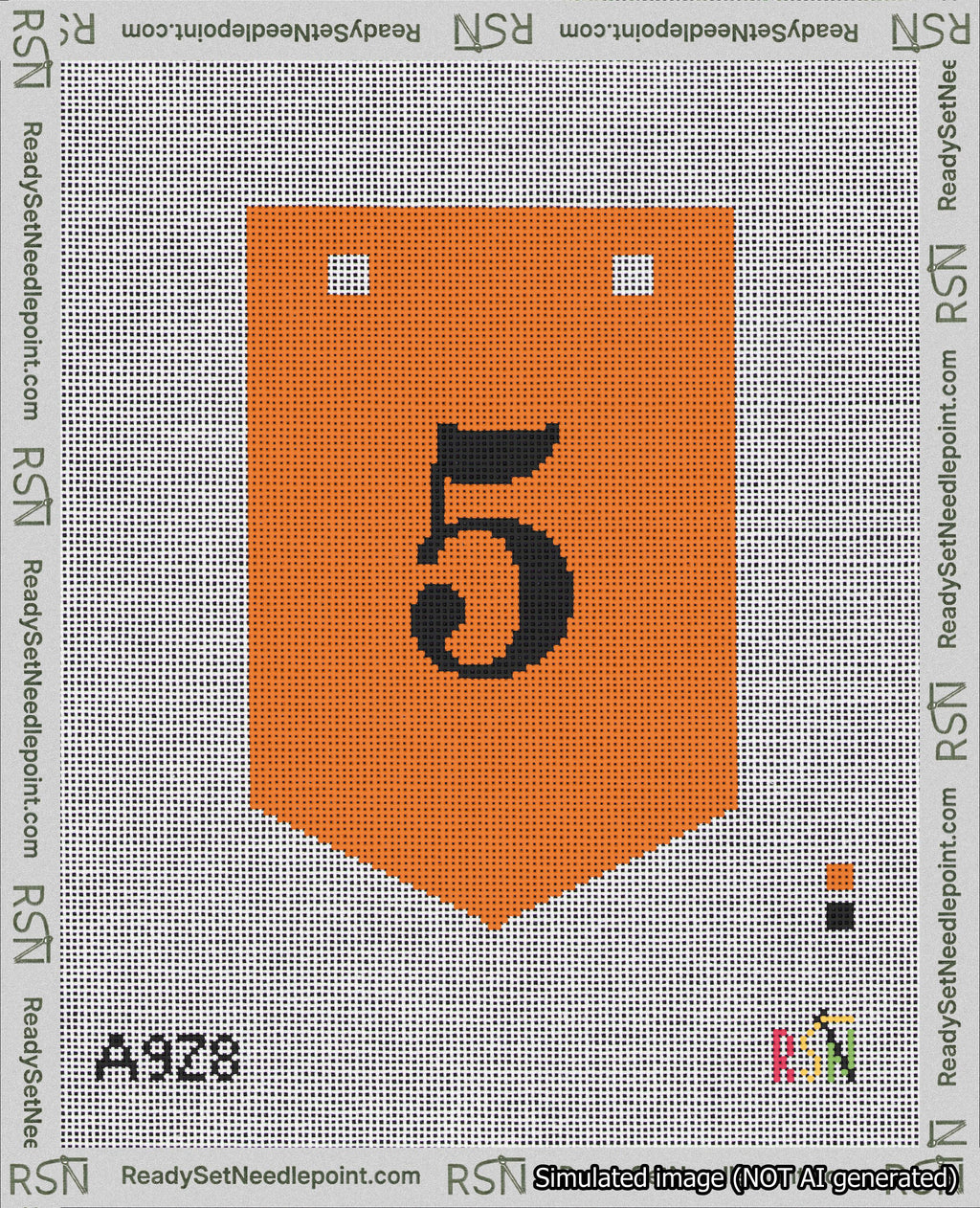 A taped needlepoint canvas with the design: Banner 18 mesh count Pointed 5 Black on Orange.