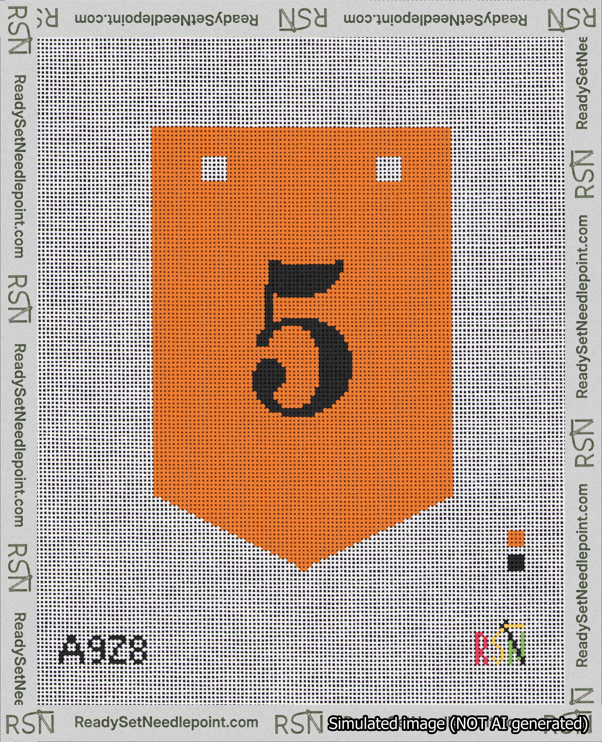 A taped needlepoint canvas with the design: Banner 18 mesh count Pointed 5 Black on Orange.