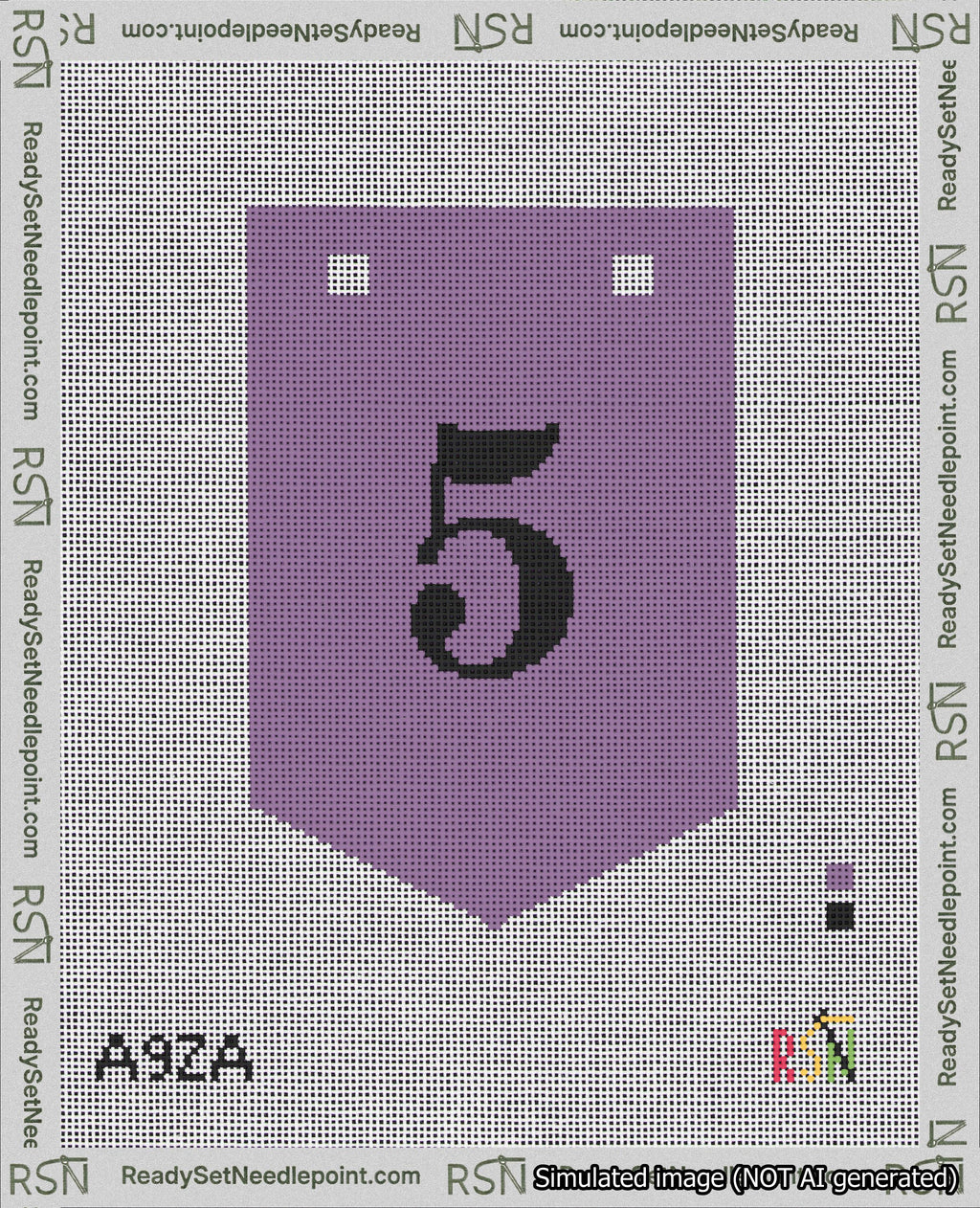 A taped needlepoint canvas with the design: Banner 18 mesh count Pointed 5 Black on Purple.
