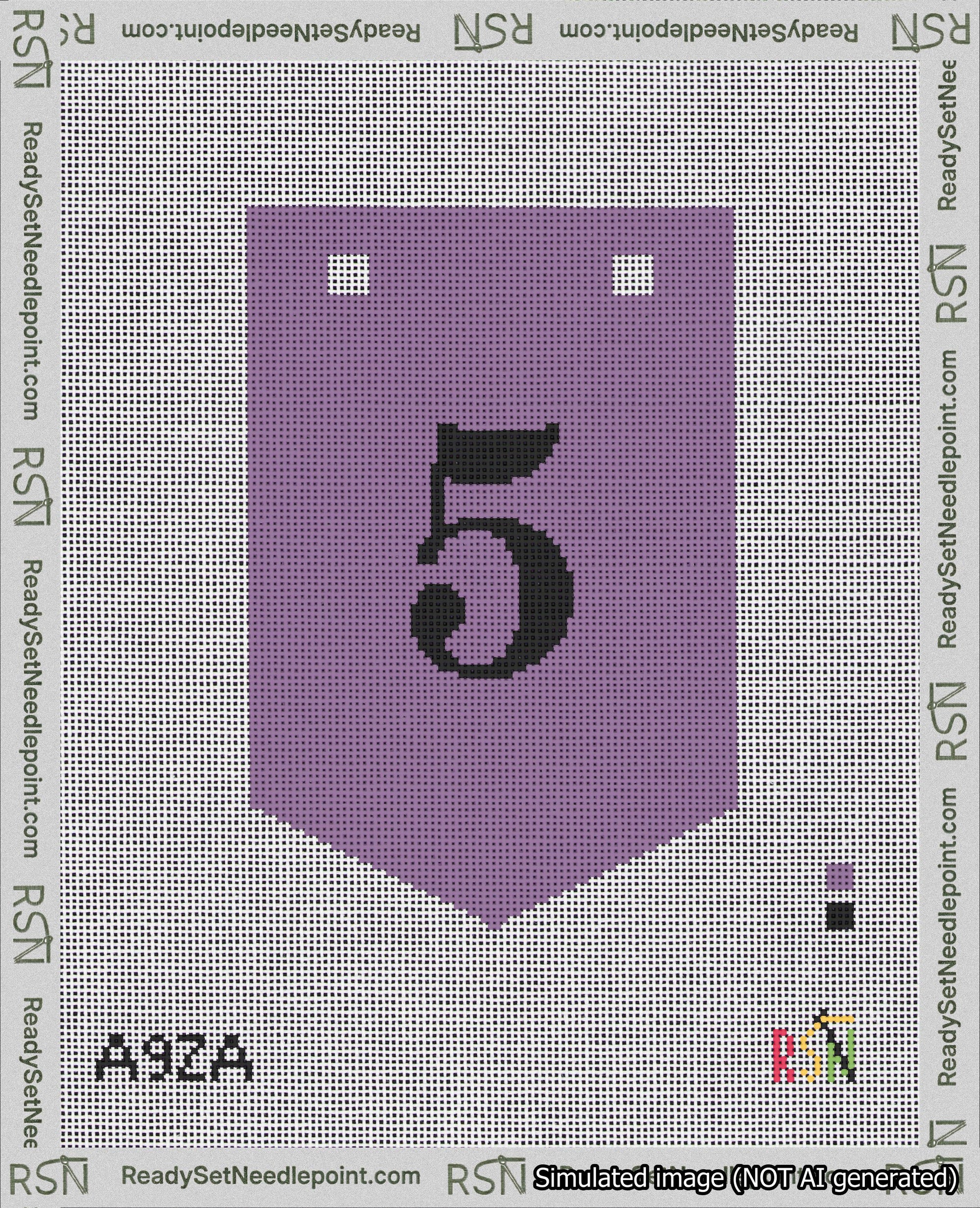 A taped needlepoint canvas with the design: Banner 18 mesh count Pointed 5 Black on Purple.