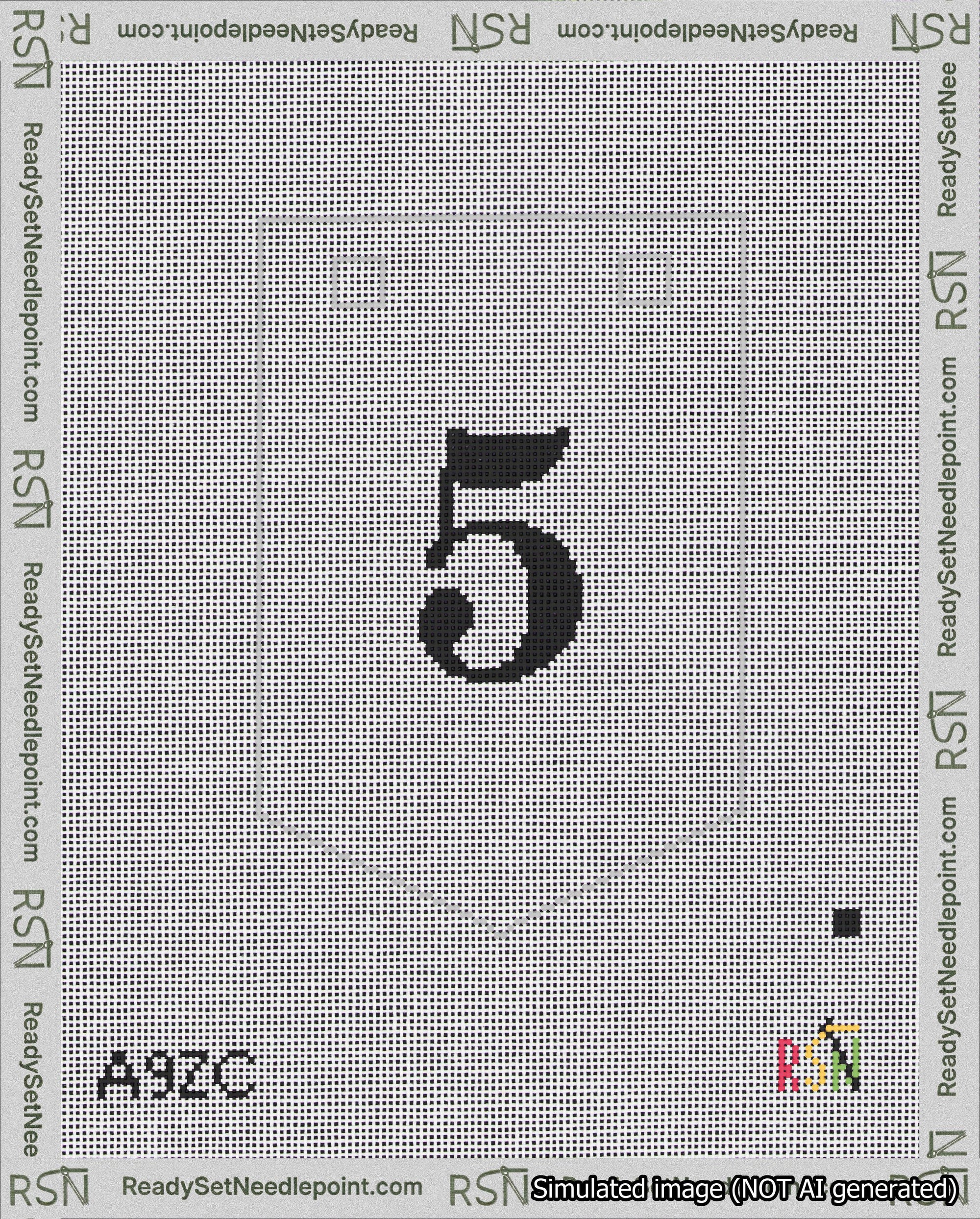 A taped needlepoint canvas with the design: Banner 18 mesh count Pointed 5 Black on White.