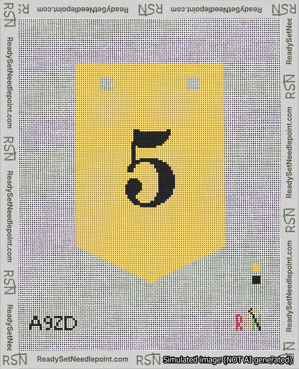 A taped needlepoint canvas with the design: Banner 18 mesh count Pointed 5 Black on Yellow.