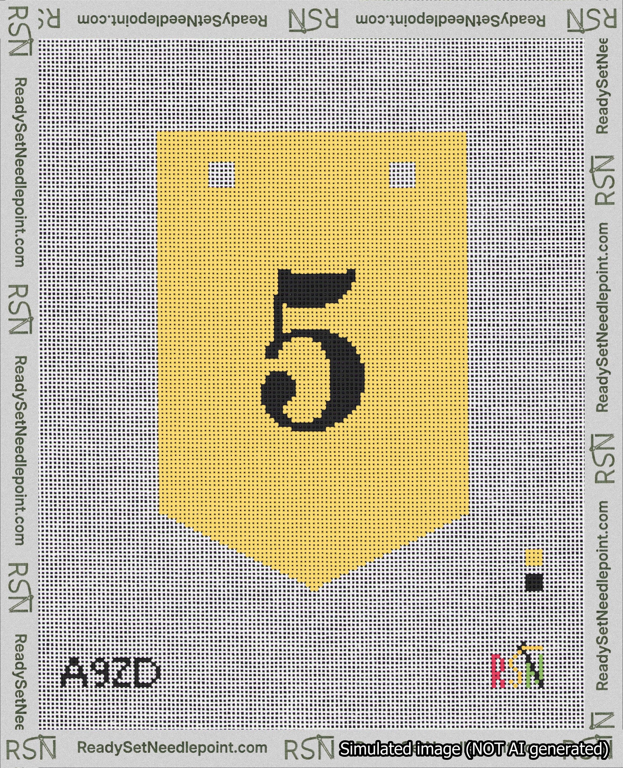 A taped needlepoint canvas with the design: Banner 18 mesh count Pointed 5 Black on Yellow.
