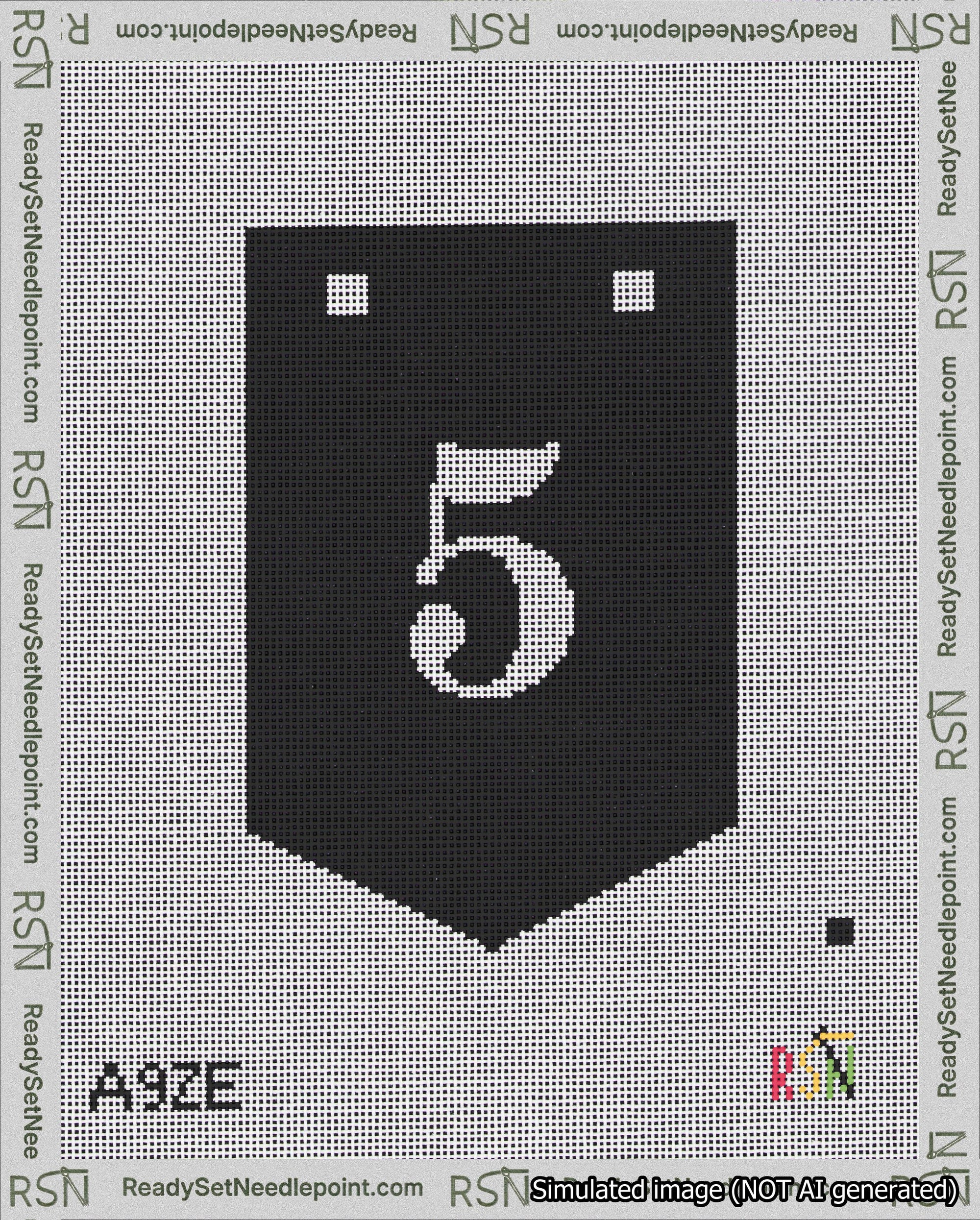 A taped needlepoint canvas with the design: Banner 18 mesh count Pointed 5 White on Black.