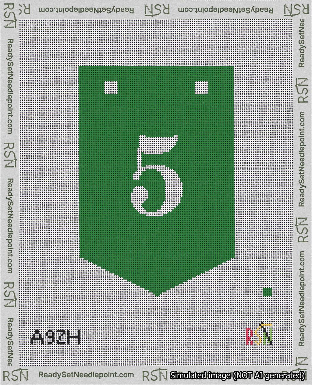 A taped needlepoint canvas with the design: Banner 18 mesh count Pointed 5 White on Green.