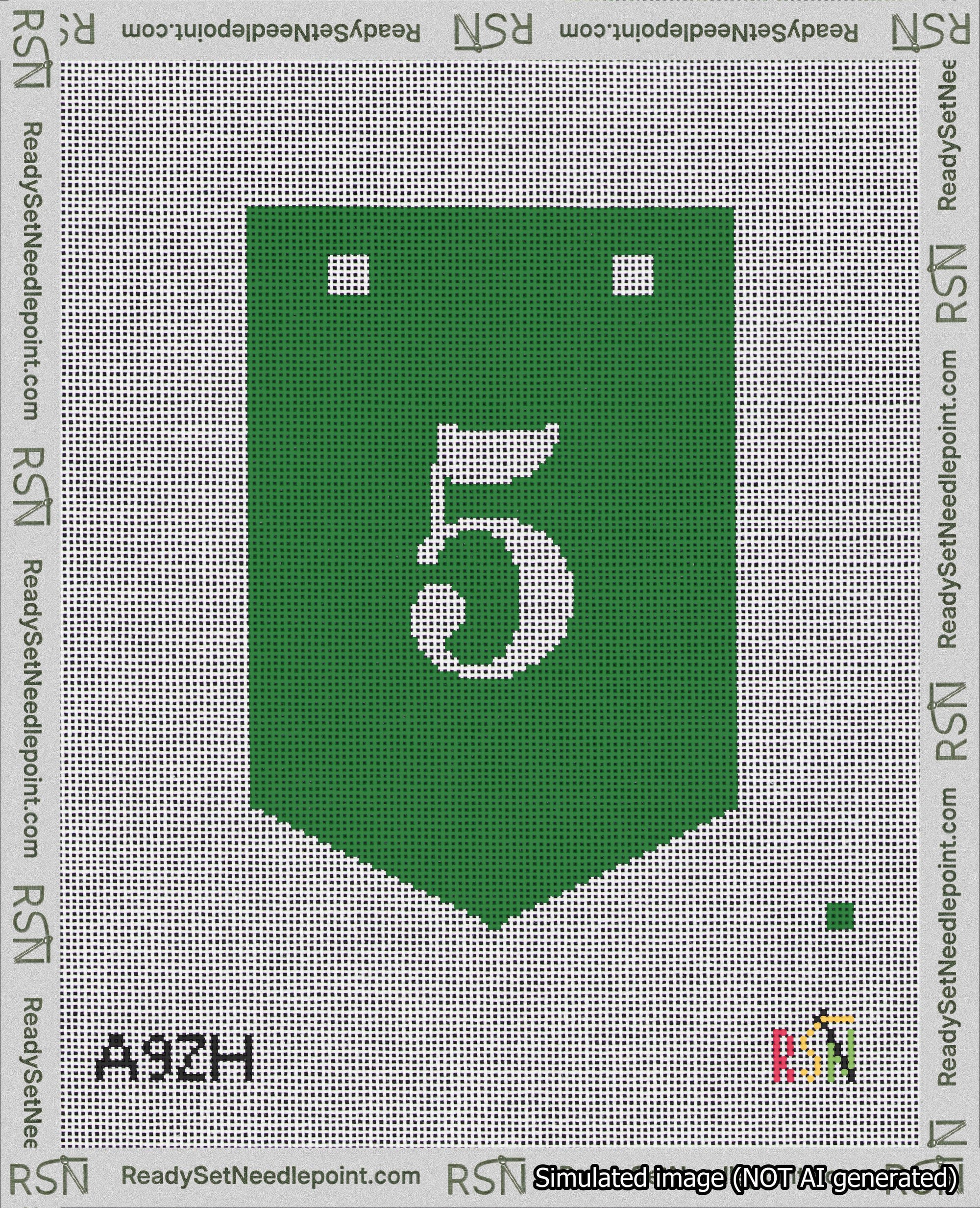 A taped needlepoint canvas with the design: Banner 18 mesh count Pointed 5 White on Green.