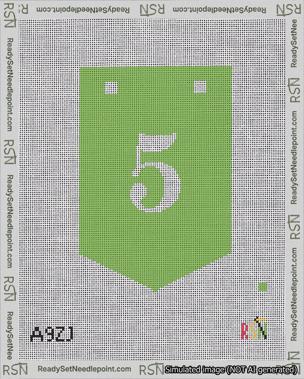 A taped needlepoint canvas with the design: Banner 18 mesh count Pointed 5 White on Light Green.