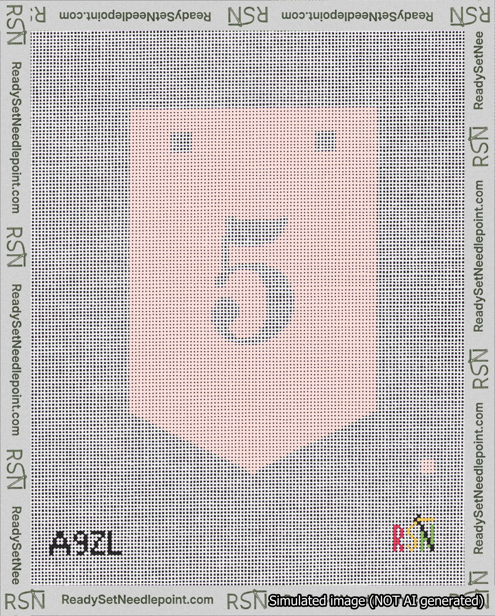 A taped needlepoint canvas with the design: Banner 18 mesh count Pointed 5 White on Pink.