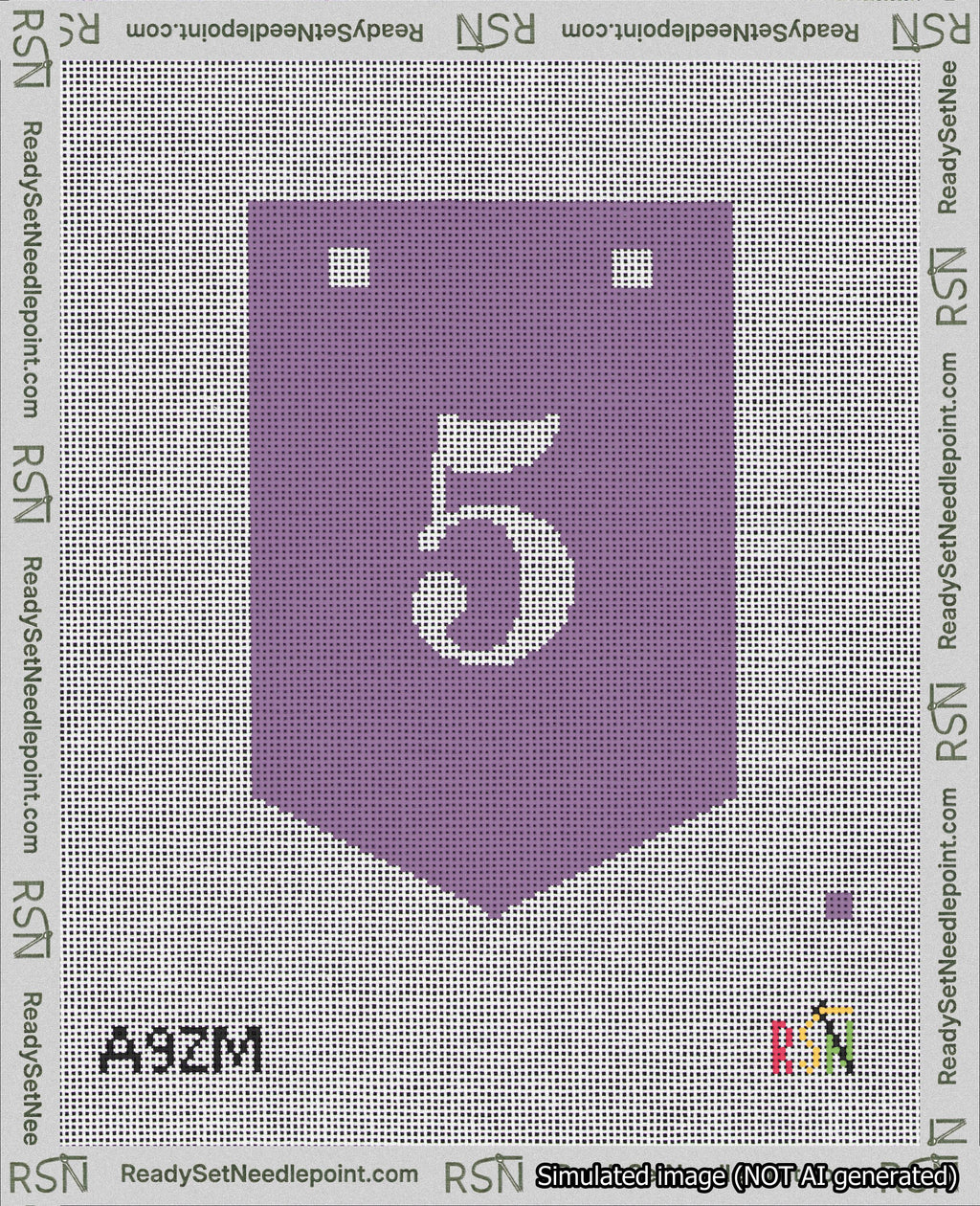 A taped needlepoint canvas with the design: Banner 18 mesh count Pointed 5 White on Purple.