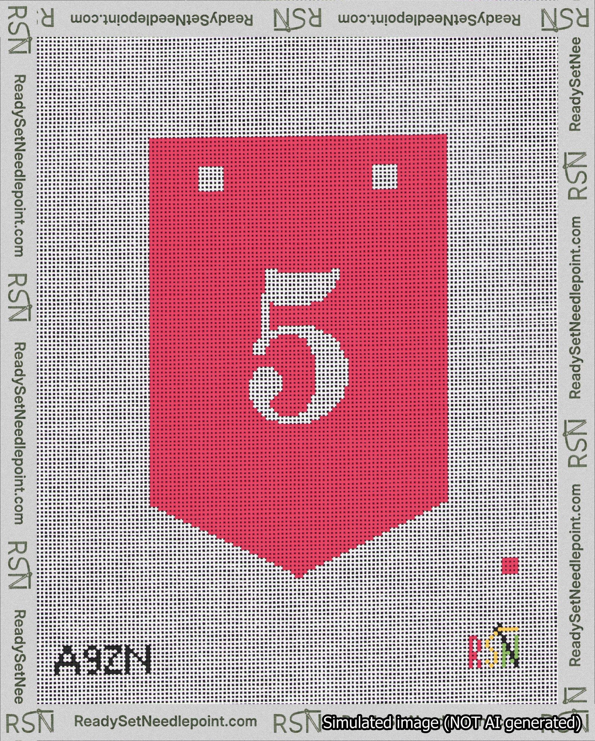 A taped needlepoint canvas with the design: Banner 18 mesh count Pointed 5 White on Red.