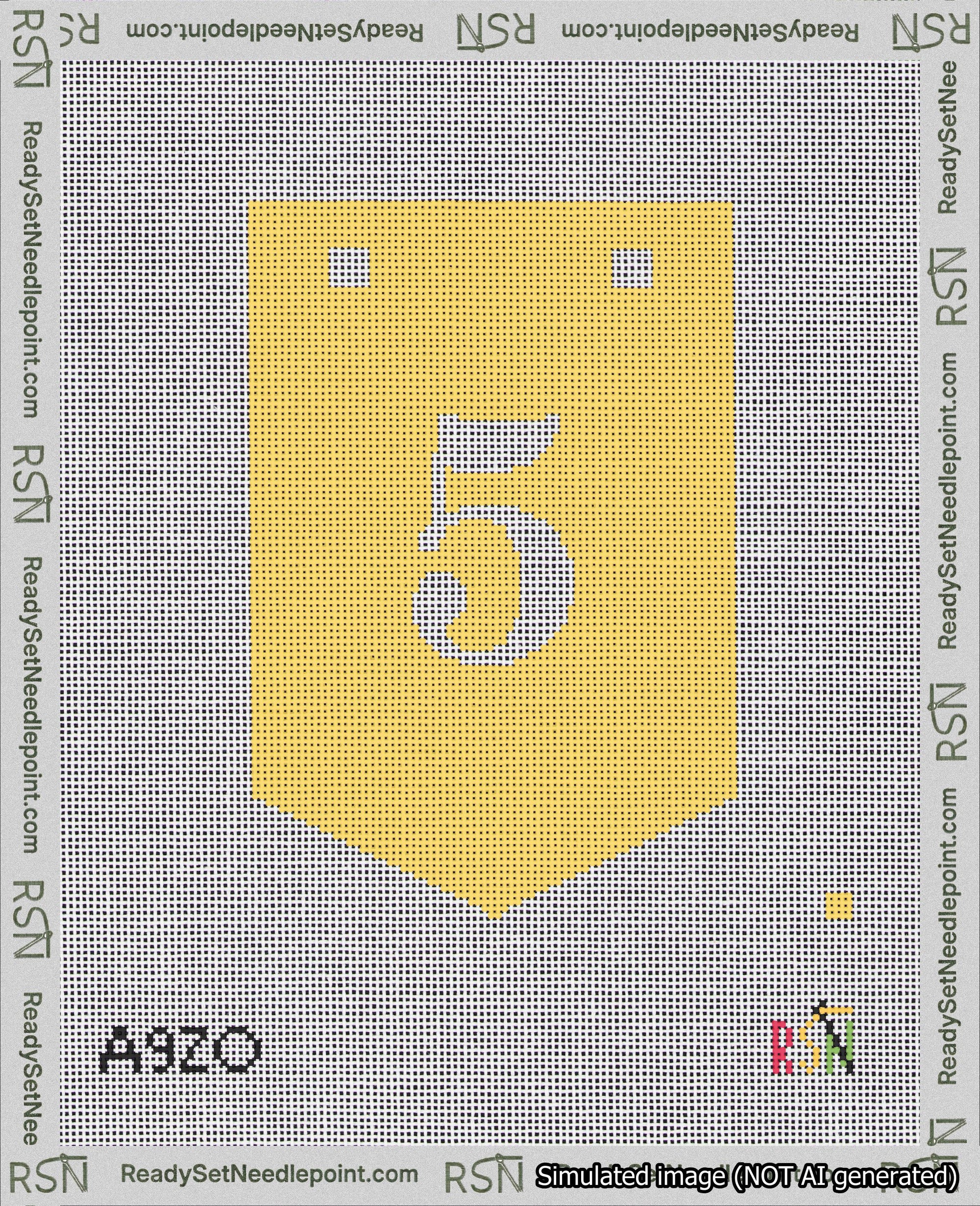 A taped needlepoint canvas with the design: Banner 18 mesh count Pointed 5 White on Yellow.