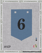 A taped needlepoint canvas with the design: Banner 18 mesh count Pointed 6 Black on Blue.