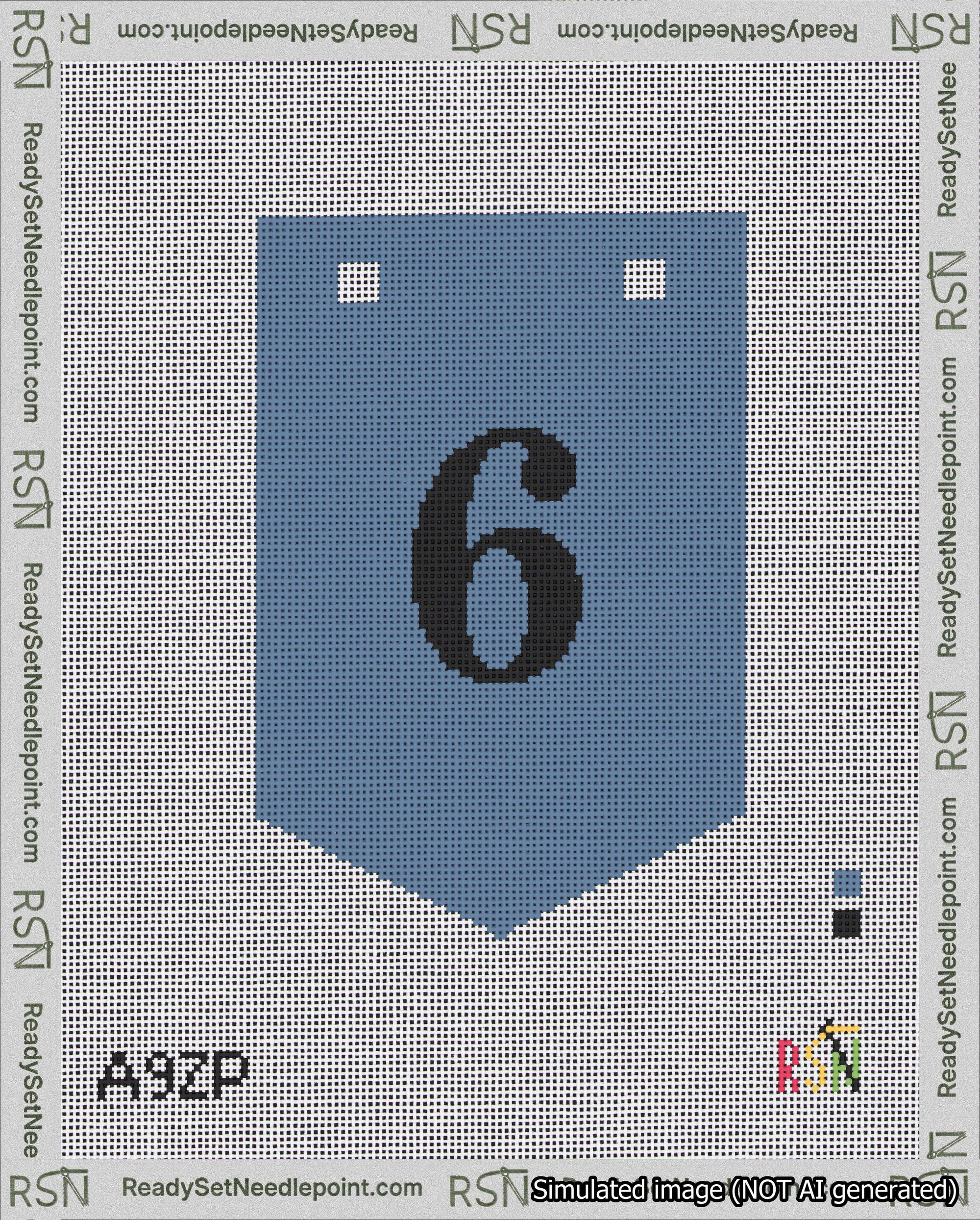 A taped needlepoint canvas with the design: Banner 18 mesh count Pointed 6 Black on Blue.