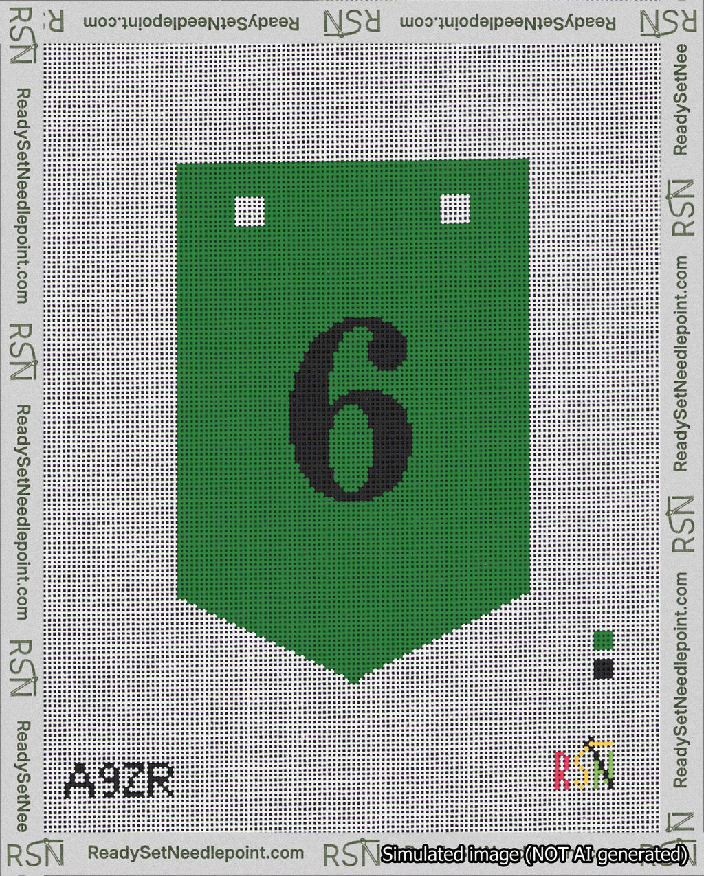 A taped needlepoint canvas with the design: Banner 18 mesh count Pointed 6 Black on Green.