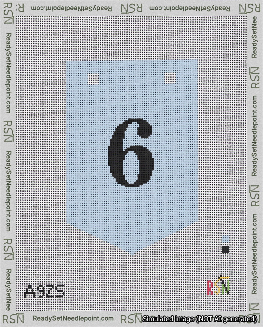 A taped needlepoint canvas with the design: Banner 18 mesh count Pointed 6 Black on Light Blue.