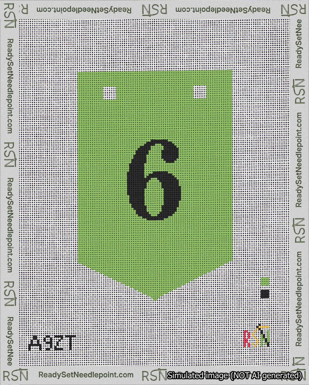 A taped needlepoint canvas with the design: Banner 18 mesh count Pointed 6 Black on Light Green.