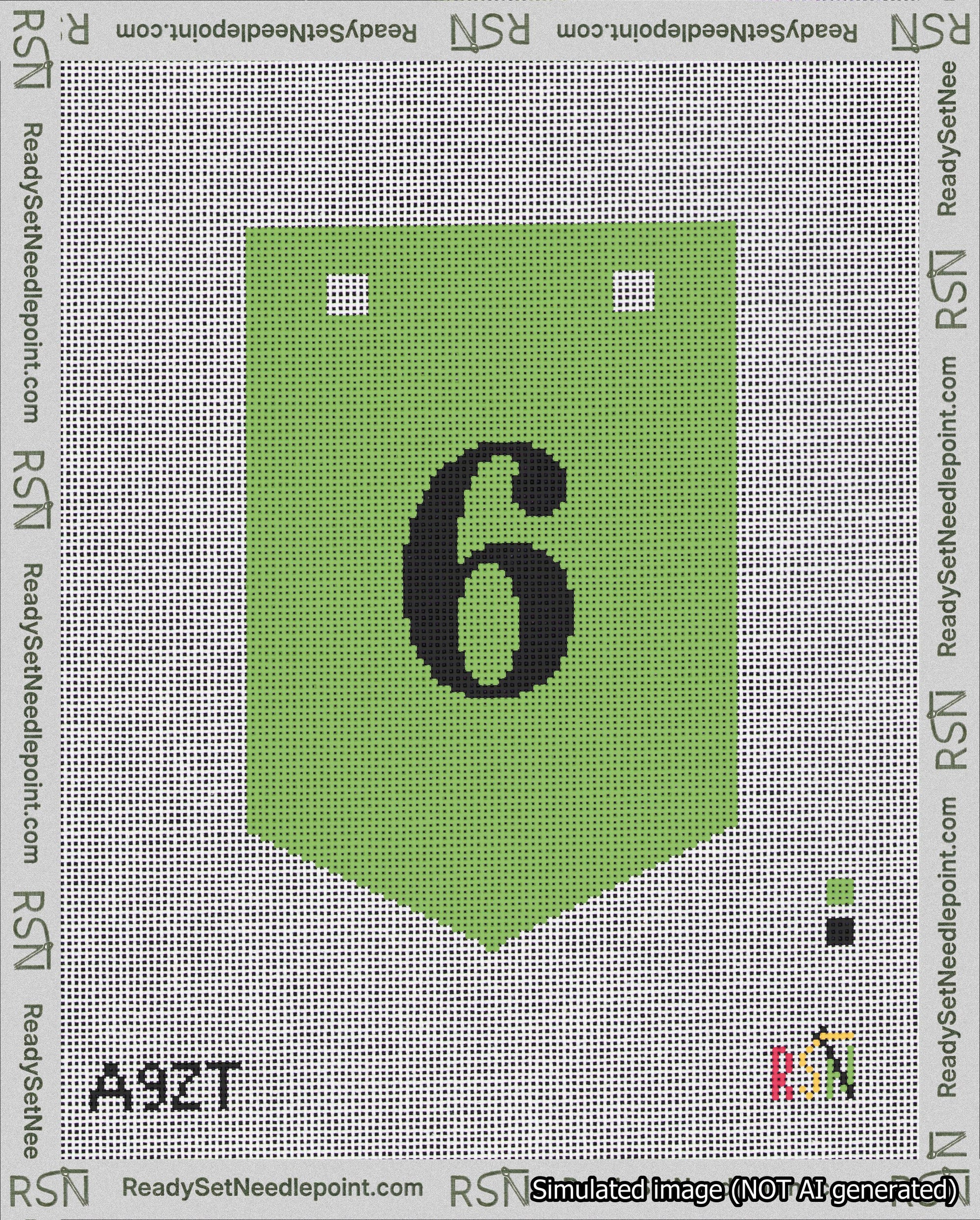 A taped needlepoint canvas with the design: Banner 18 mesh count Pointed 6 Black on Light Green.